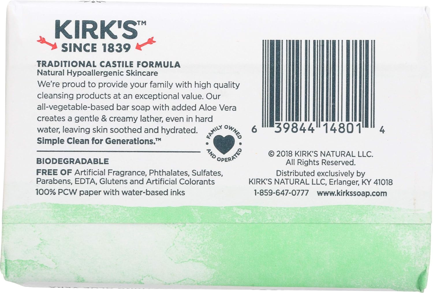 Kirk's Original Coco Castile Bar Soap Soothing Aloe Vera, 4 Oz