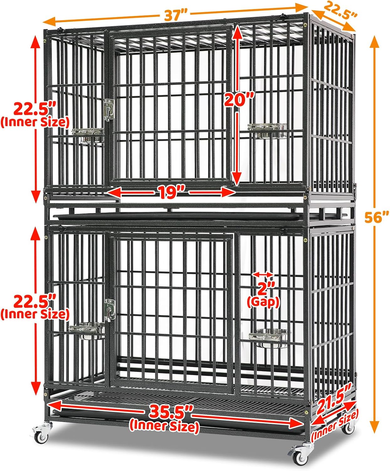 Homey Pet Taller 43" Heavy Duty Double Dog Crates with Divider & Dual Door | Drop Cage for Dogs with Lockable Wheels, Bowls, Removable Tray, Top Access, Ideal for Small to Medium & Large Dogs, Breeders