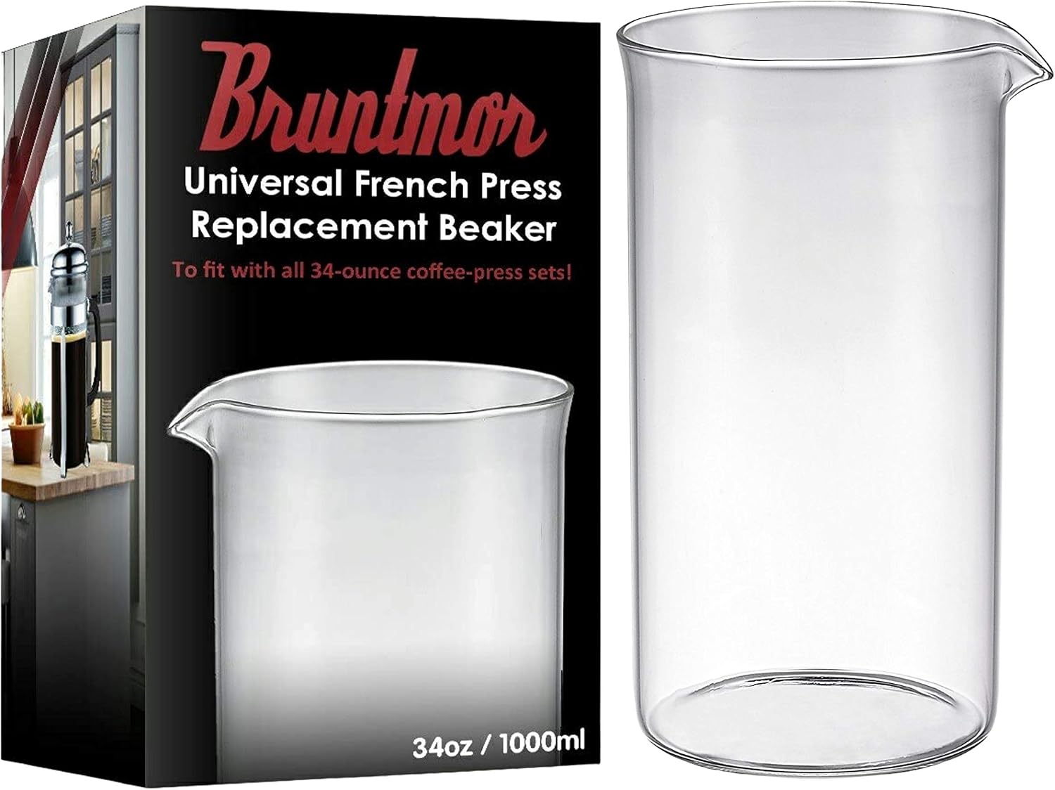 Bruntmor Spare Carafe for French Press, 34 oz French Press replacement Glass, Fire hardened Borosilicate Beaker, 34 ounce