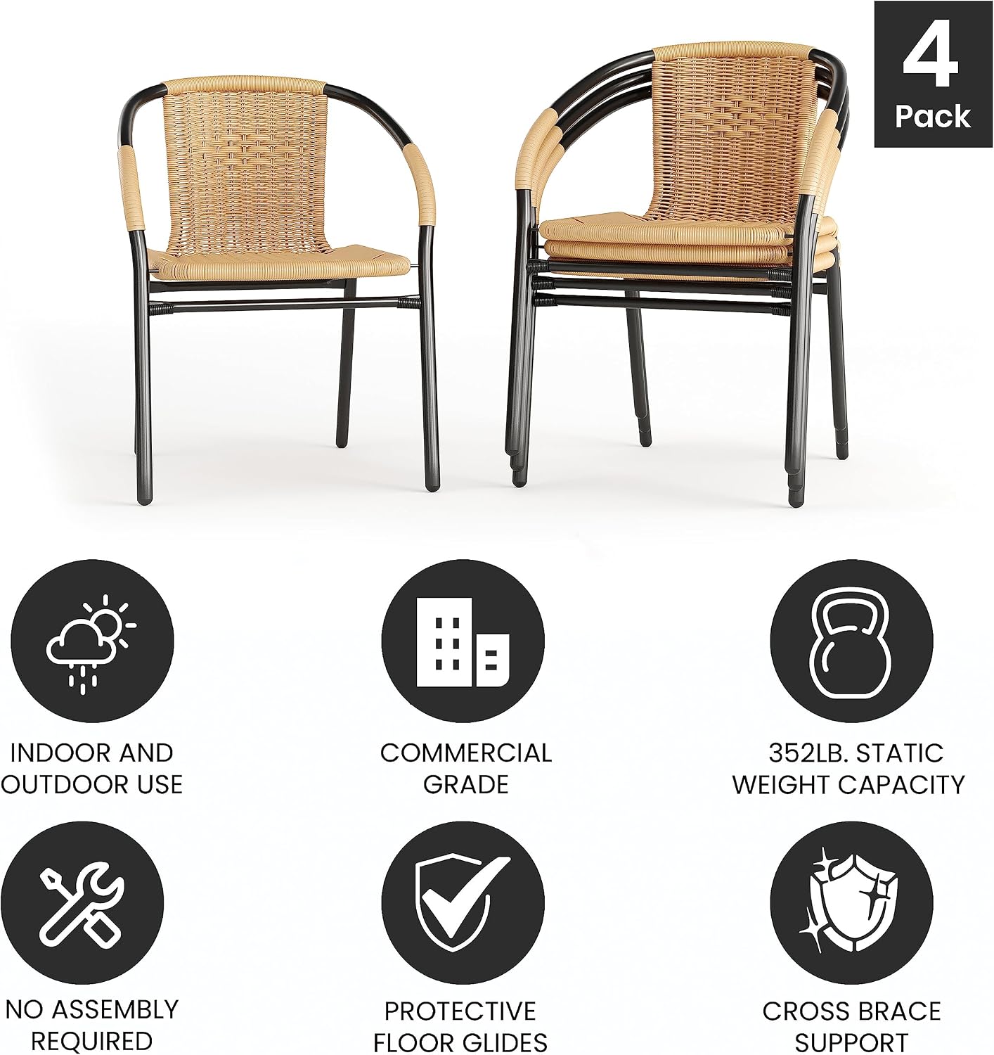 Flash Furniture Lila Modern Rattan Indoor/Outdoor Stackable Dining Chairs, Stacking Rattan Bistro Chairs for Patio or Restaurant, Set of 4, Brown | Commercial Grade, Indoor/Outdoor Use