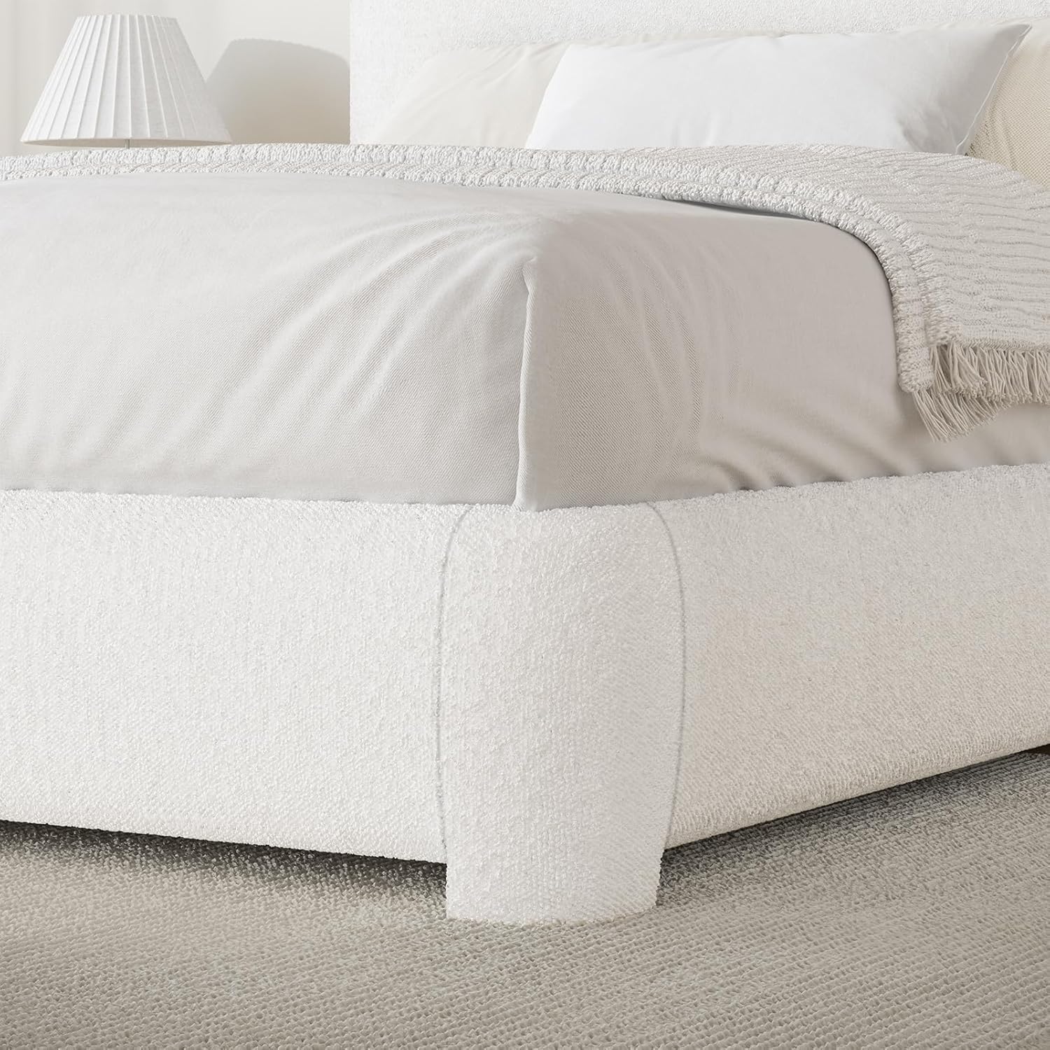 BarnFurin Full Bed Frame, Cloud Boucle Headboard, Rounded Corners, White | Soft boucle and rounded edges create a low-profile cloud look. Wooden slats support the mattress without a box spring