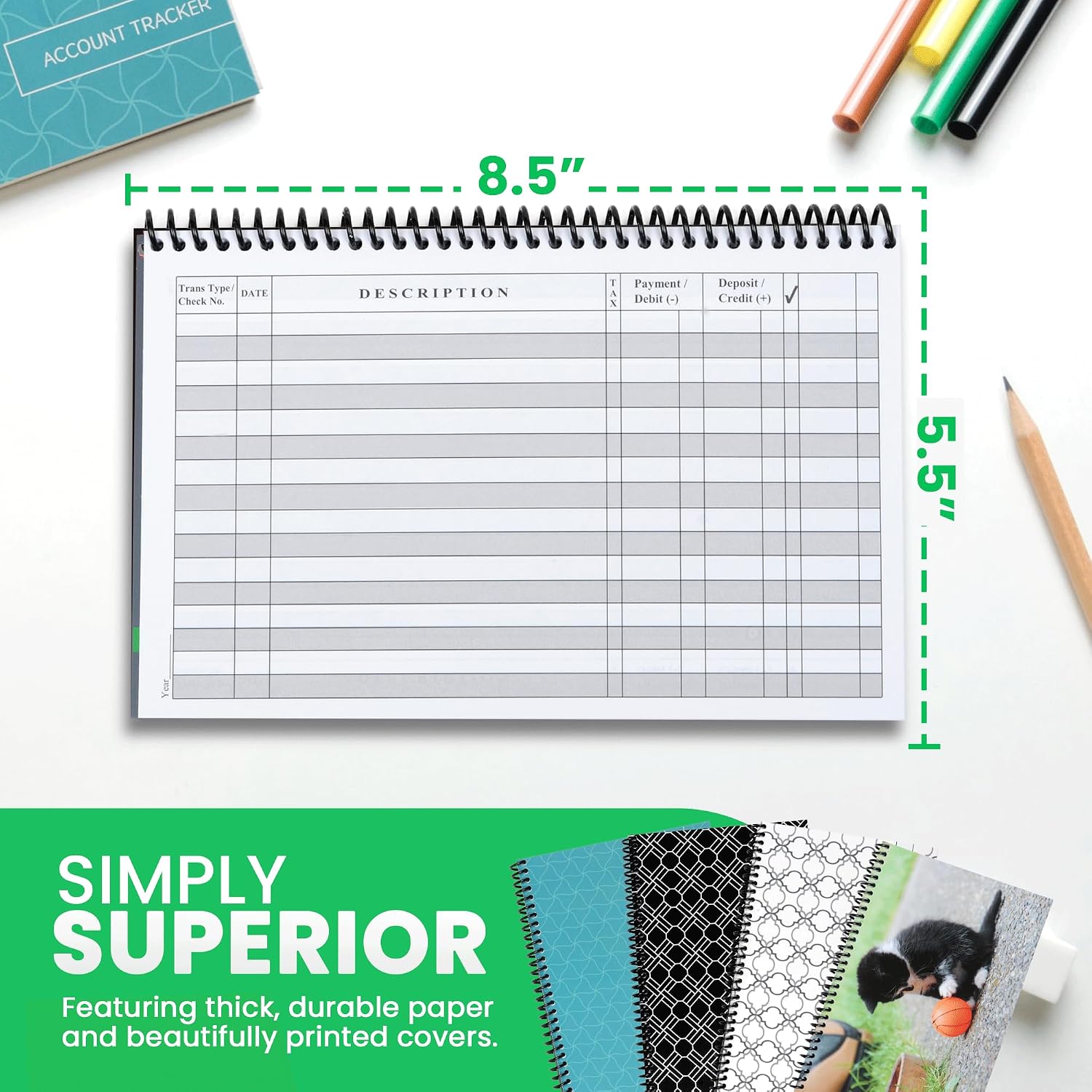 The Superior Register - Simple Account Tracker - Big Checkbook Register & Financial Ledger - Debit Card Register - Bank Register - 1 Pack, Teal, Wide Edition