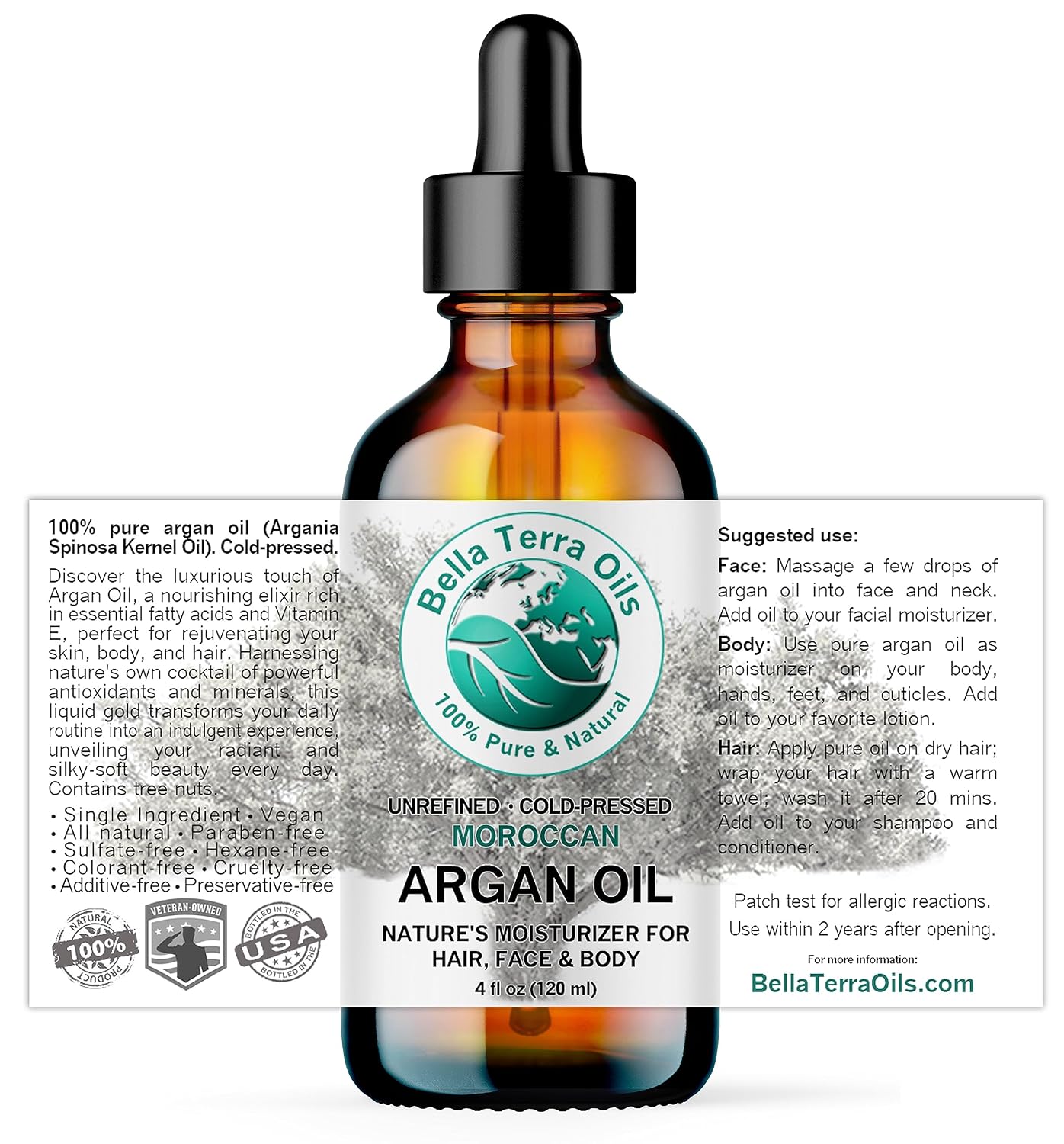Bella Terra Oils - Argan Oil 2 oz - Cold-Pressed from Morocco, Rich in Vitamin E & Fatty Acids, Perfect Hair Oil Serum to Combat Frizz, Luxurious Face Oil