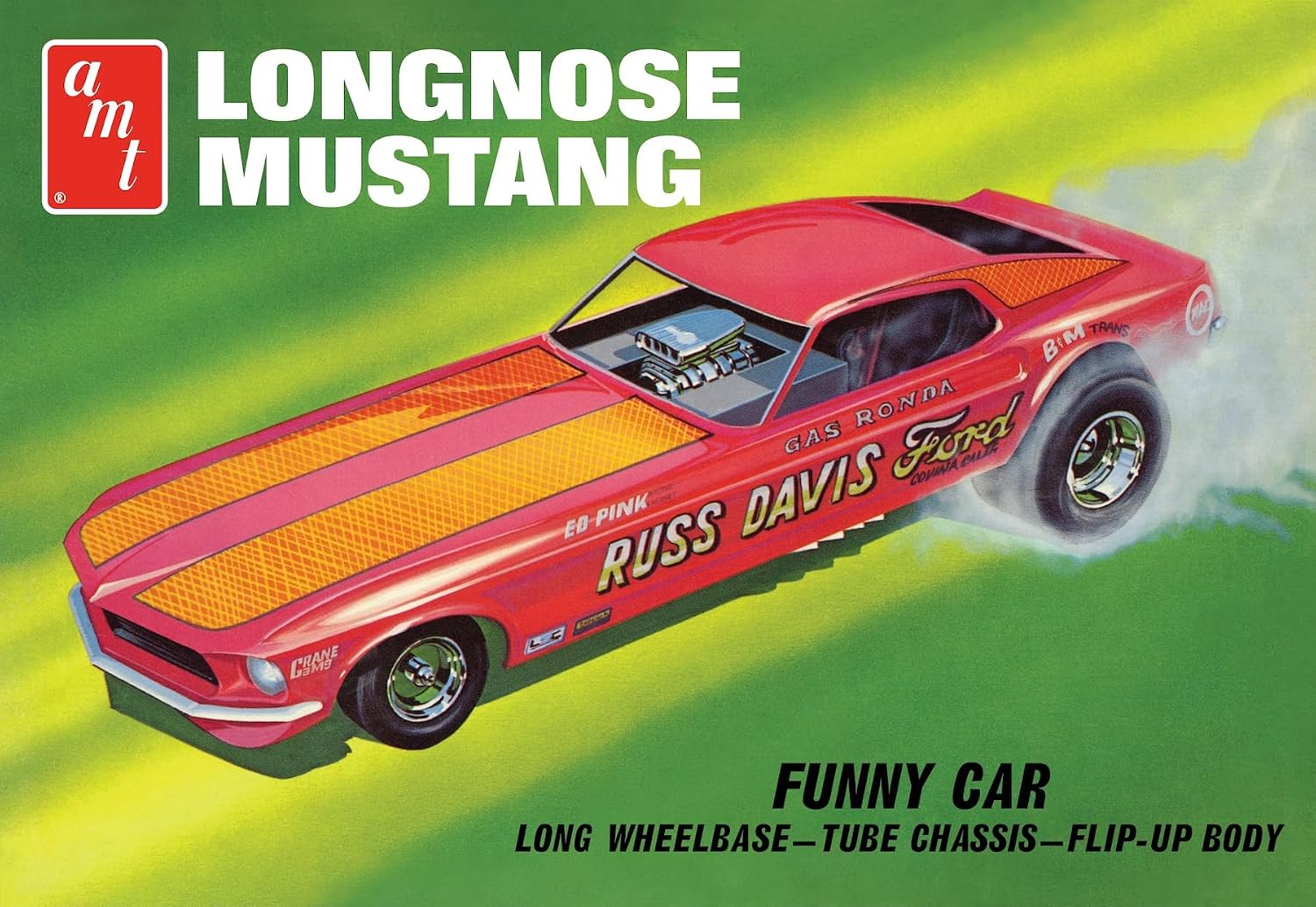AMT 1969 Ford Mustang Long Nose Funny Car Gas Ronda 1:25 Scale Model Kit