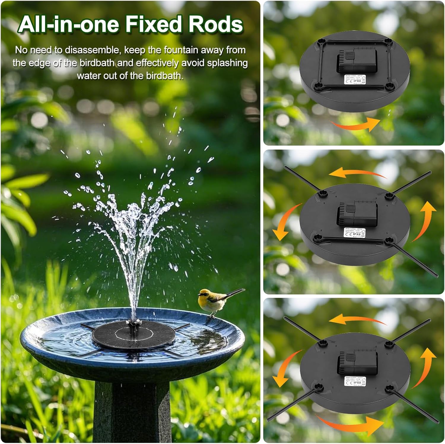 SEIRMEP Solar Fountain Pump with Spray Height Adjustment, Upgrade Glass Solar Bird Bath Fountains with 6 Nozzles