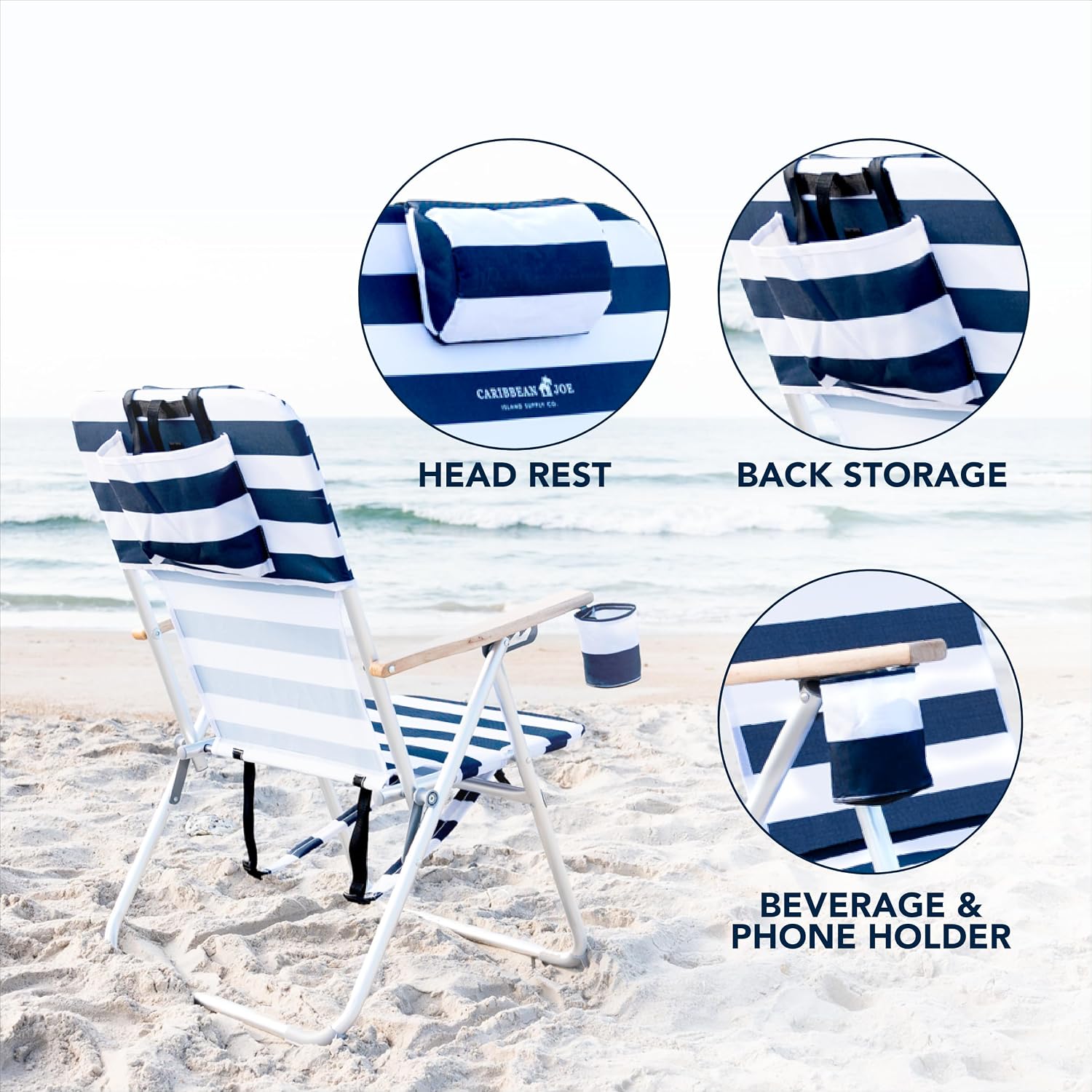 CARIBBEAN JOE Folding Beach Chair, 4 Position Portable Backpack Foldable Camping Chair with Headrest, Cup Holder, and Wooden Armrests