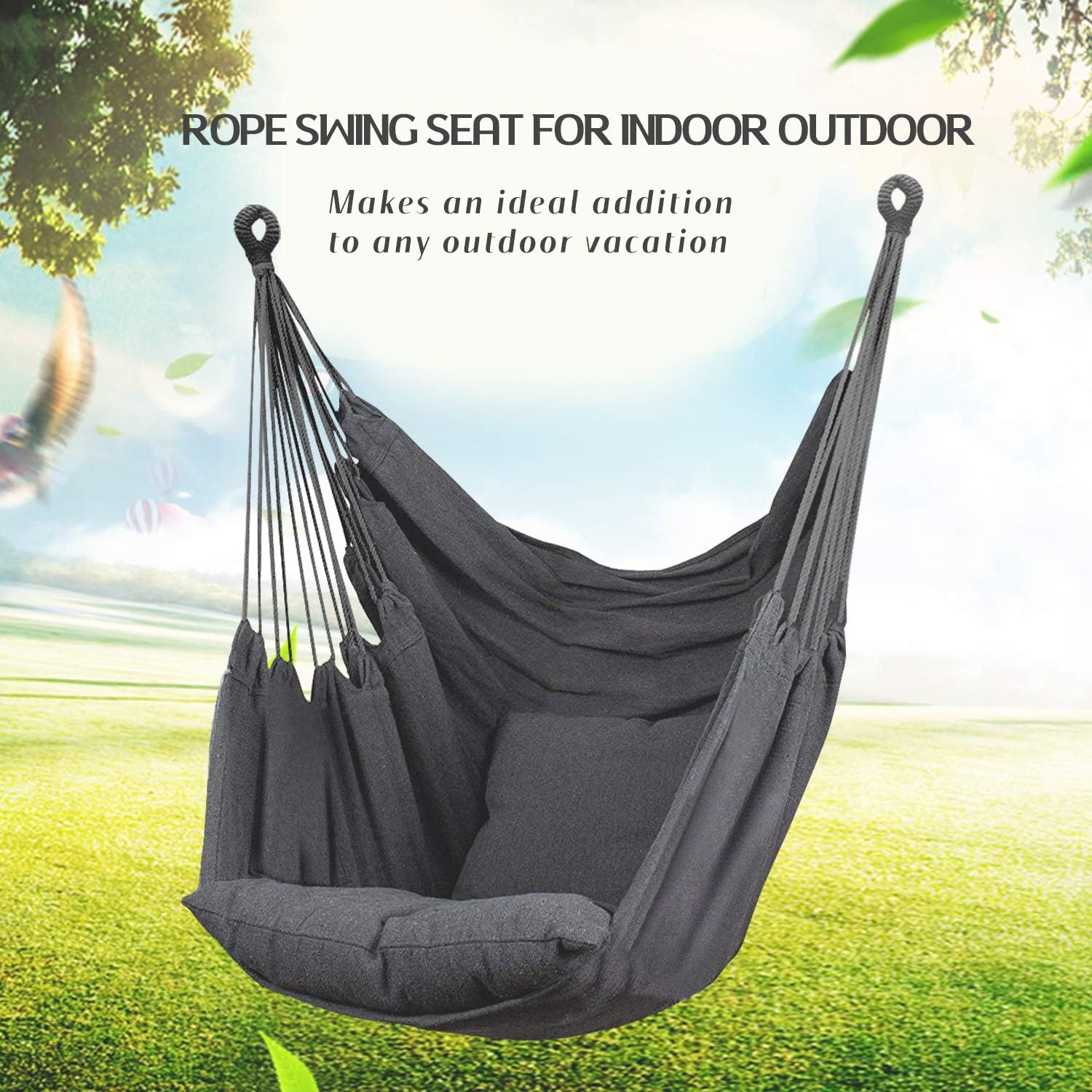 Hommtina Hammock Chair Hanging Rope Swing, Max 300 Lbs Hanging Chair with Pocket & Durability Perfect for Outdoor, Home, Bedroom, Patio