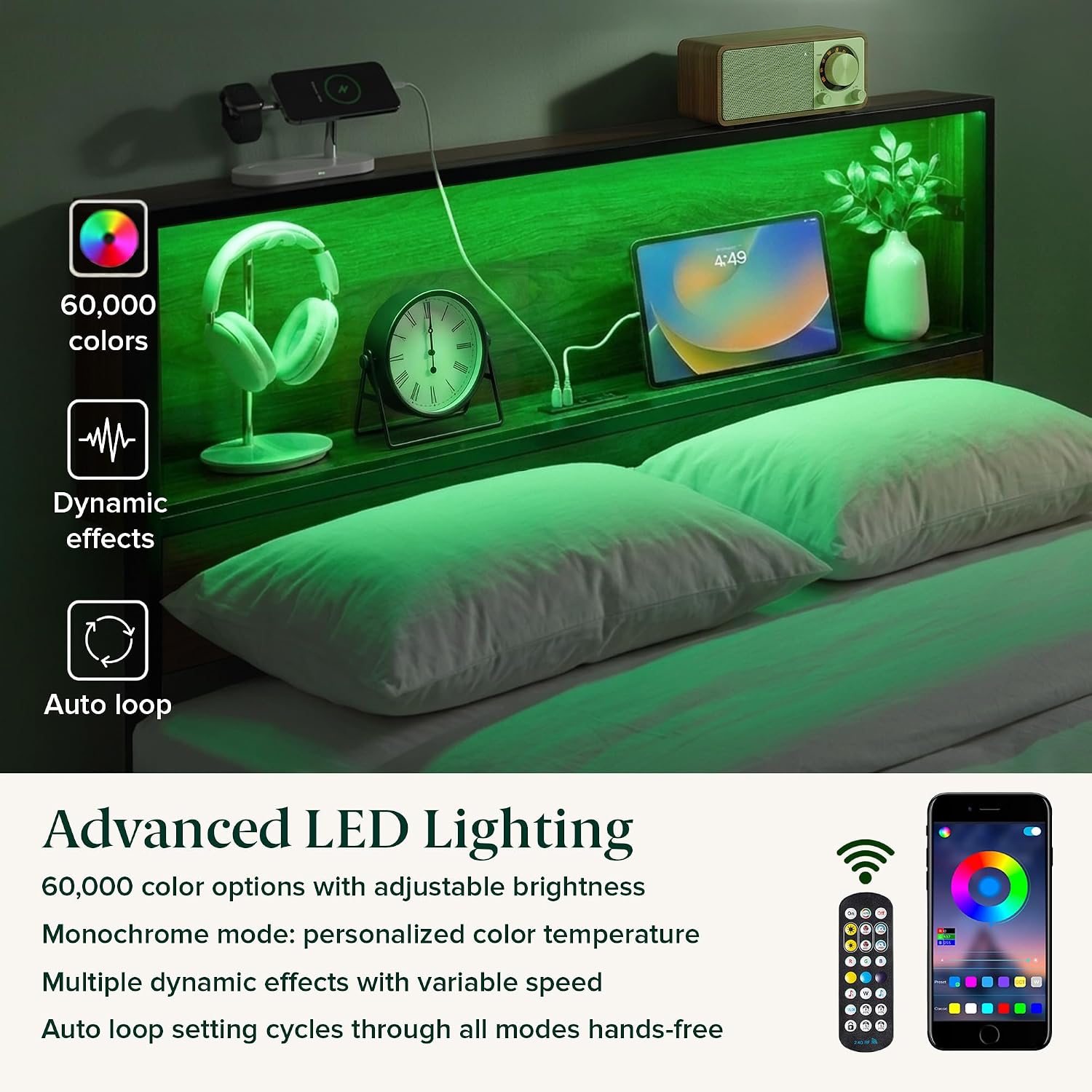 Zinus Kai Platform Bed Frame, RGB LED Lights, No Box Spring Needed, Full | Two-Tier Headboard for Space-Saving Storage, Built-in USB Charging Station, Soft Ambient Night Light