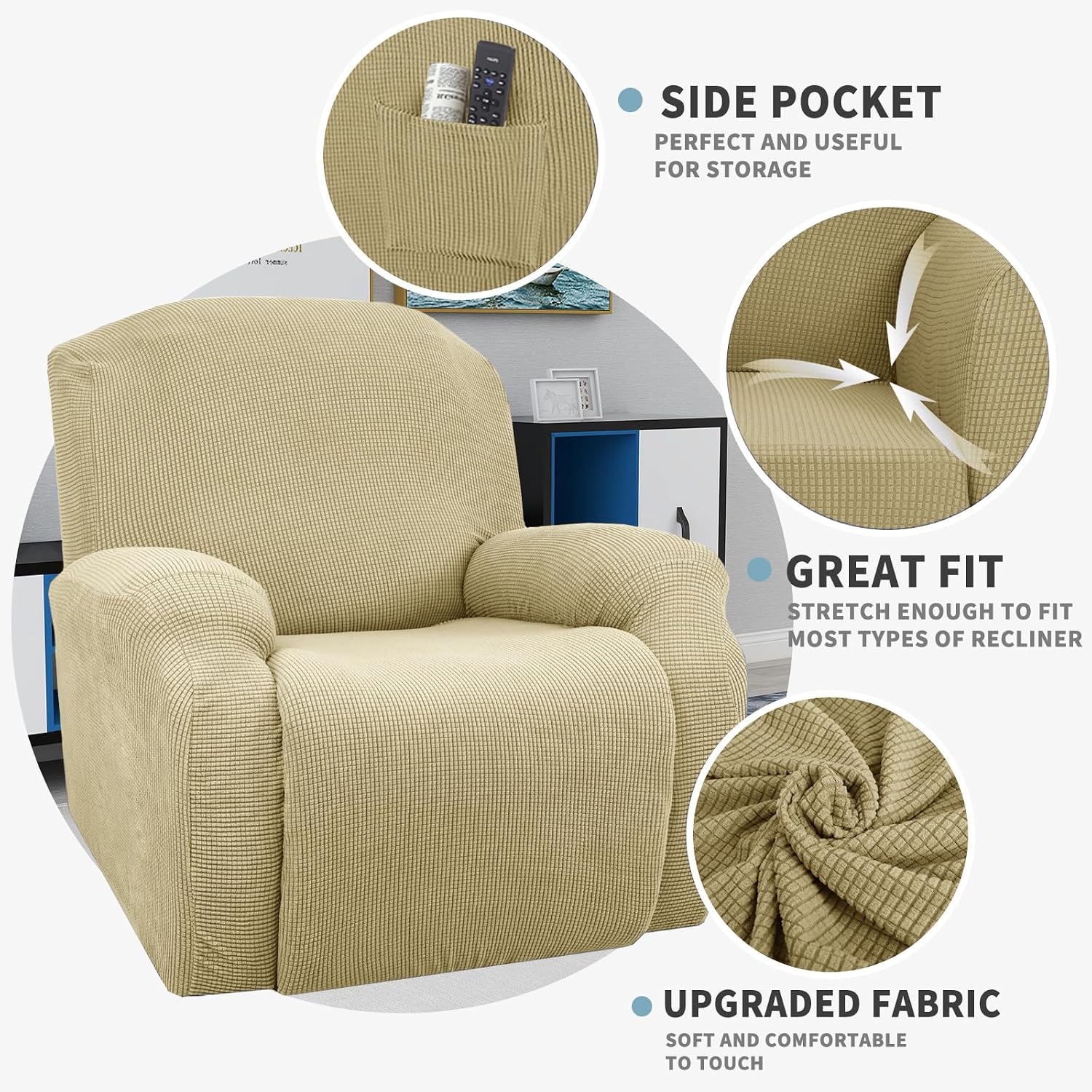 JIVINER Super Stretch Recliner Chair Covers 4 Pieces Sofa Slipcover for Reclining Chair Spandex Soft Recliner Slipcover with Pockets Recliner