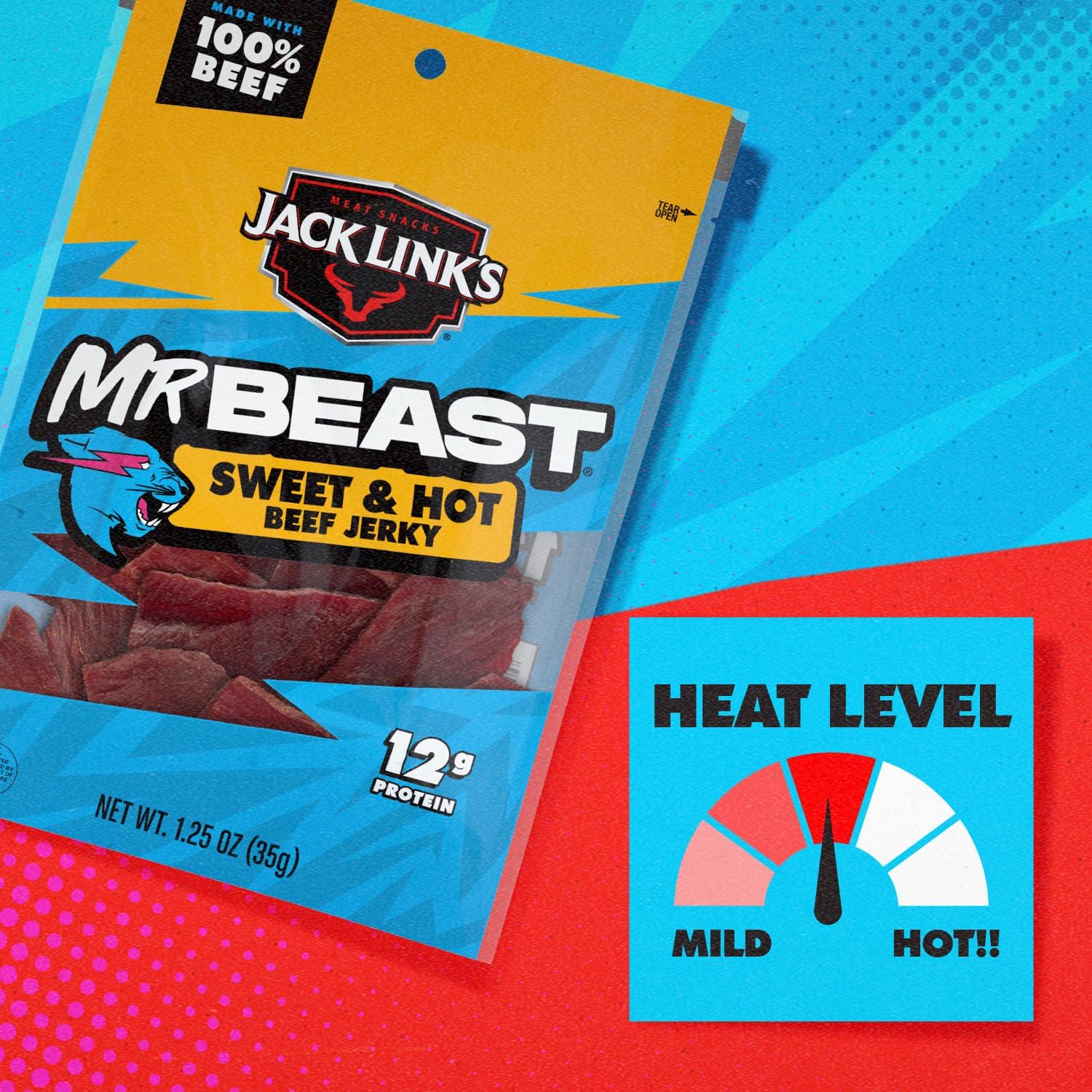 Jack Link's MrBeast Beef Jerky, Peppered Beef Jerky - 10 Count | As Seen on Beast Games, 11g Protein, Made with 100% Real Beef, Pantry-Ready Snacks
