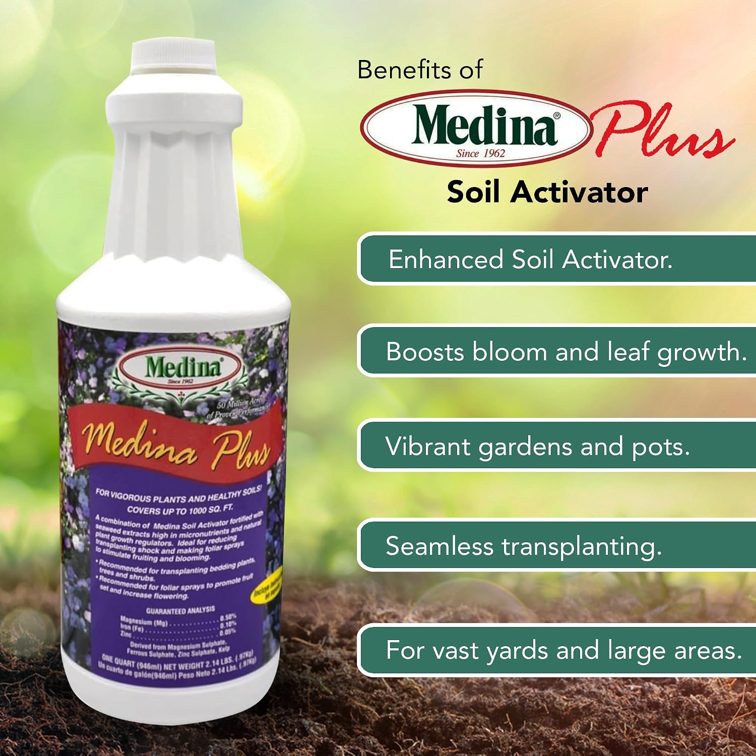 Medina Plus Soil Activator - Liquid Soil Loosener for Lawns & Gardens - Micronutrient-Rich Soil Conditioner & Softener - Used with House Plant Fertilizer, Liquid Plant Food for Houseplants - 1 End Qt