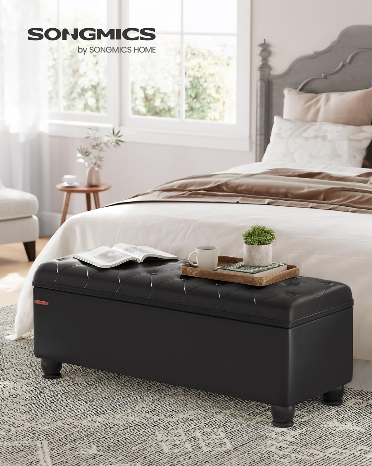 SONGMICS Storage Ottoman, 46.5 Inches Bedroom Bench, Solid Wood Legs