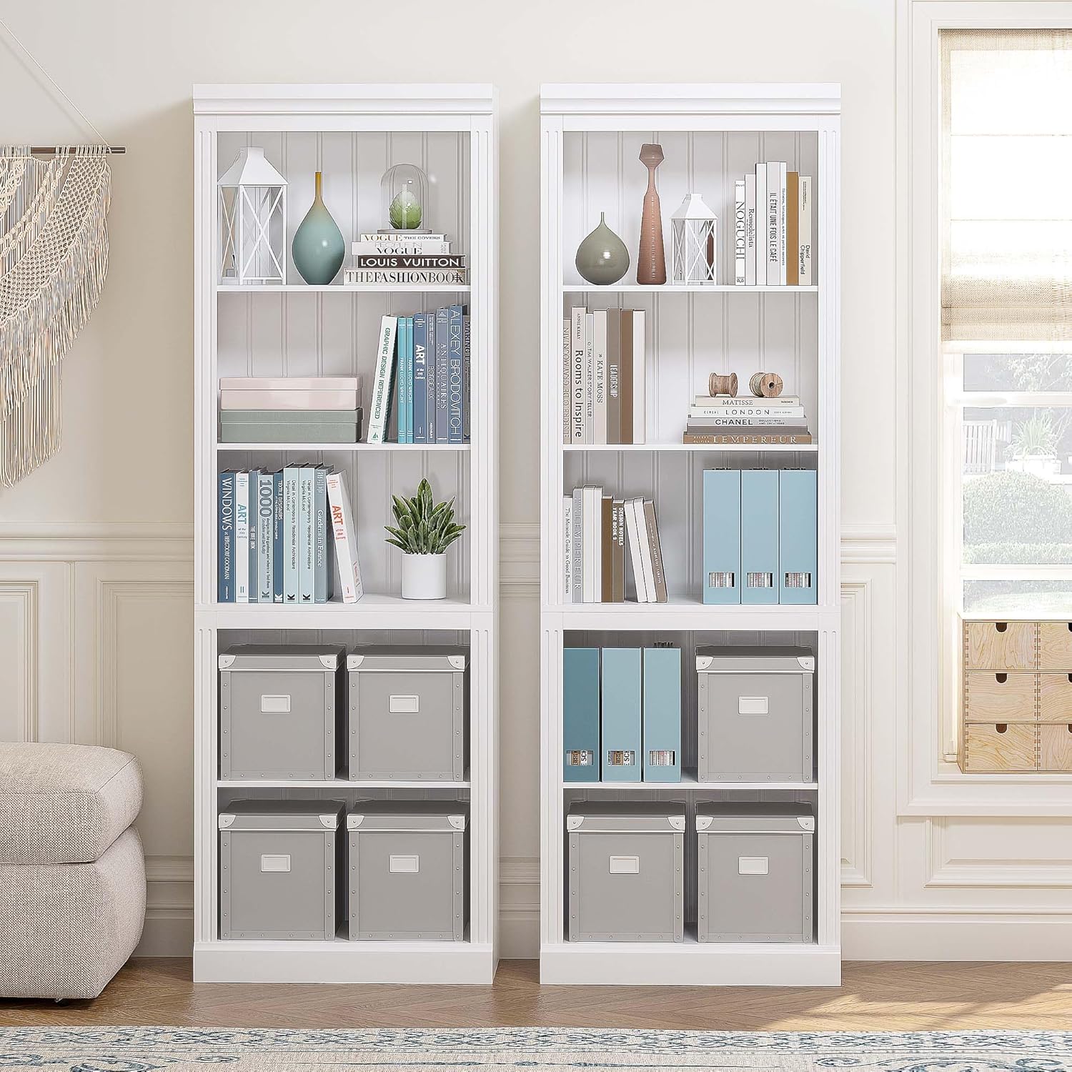Spirich White Bookshelf, 5-Tier Tall Bookcase with Adjustable Shelves | 13.4-Inch Depth, Anti-Tip Device, Water-Based Finish, FSC-Certified Wood