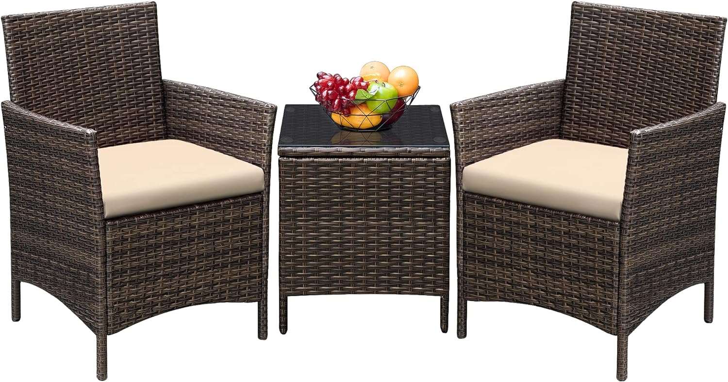 Greesum 3 Pieces Patio Furniture Sets Outdoor PE Wicker Chairs,Beige