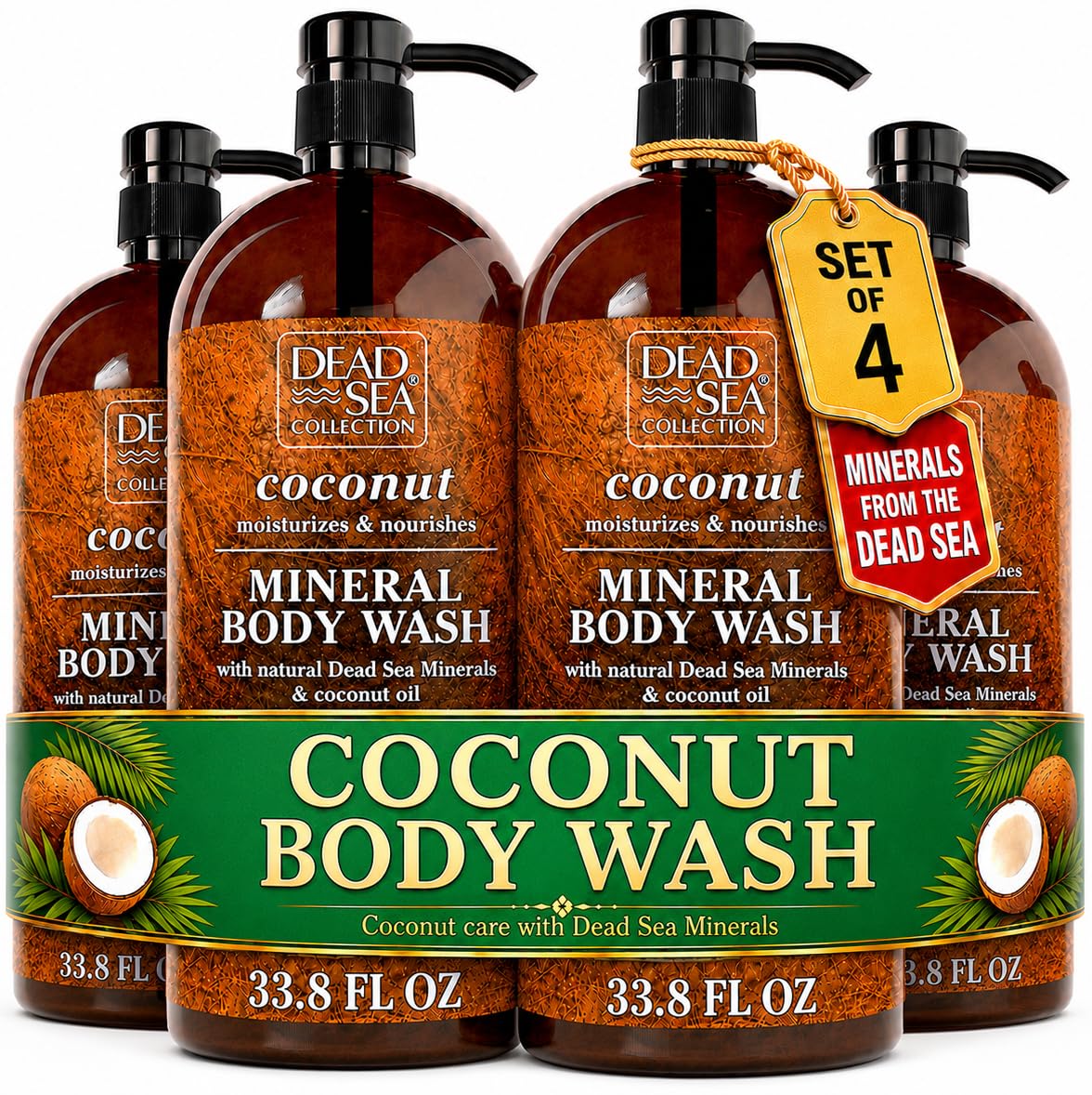 Dead Sea Collection Coconut Body Wash for Women and Men - with Pure Dead Sea Minerals and Coconut Oil - Cleanses and Moisturizes Skin - Pack of 2 (67.6 fl. oz)