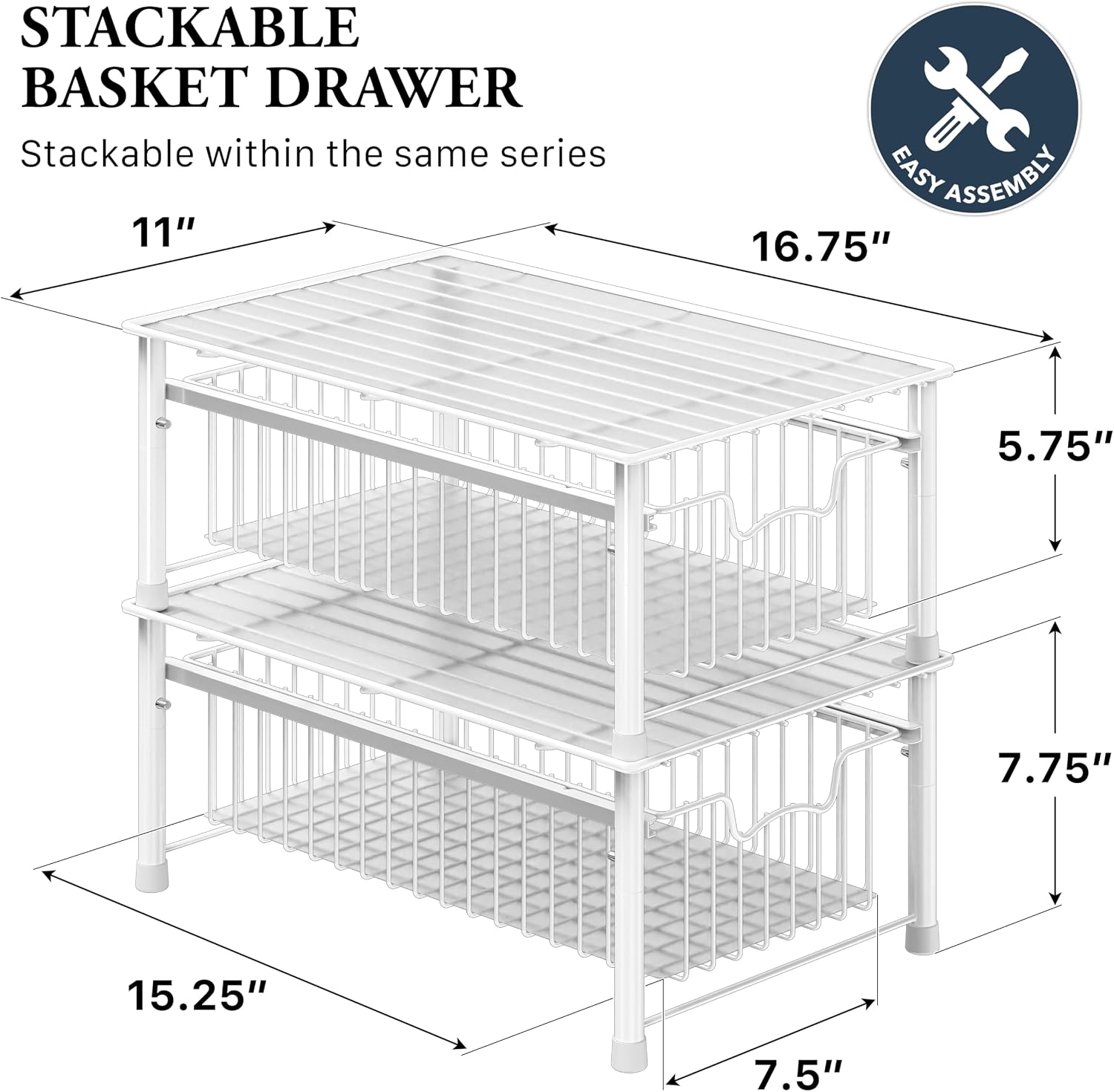 Simple Houseware Stackable 3 Tier Sliding Basket Organizer Drawer, Chrome