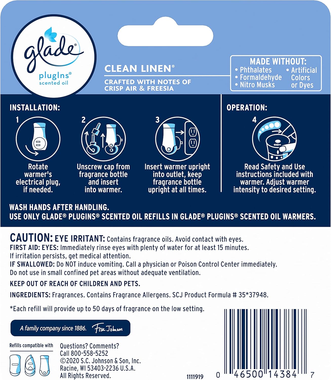 Glade PlugIns Refills Air Freshener, Scented and Essential Oils for Home and Bathroom, Clean Linen, 1.34 Fl Oz, 2 Count