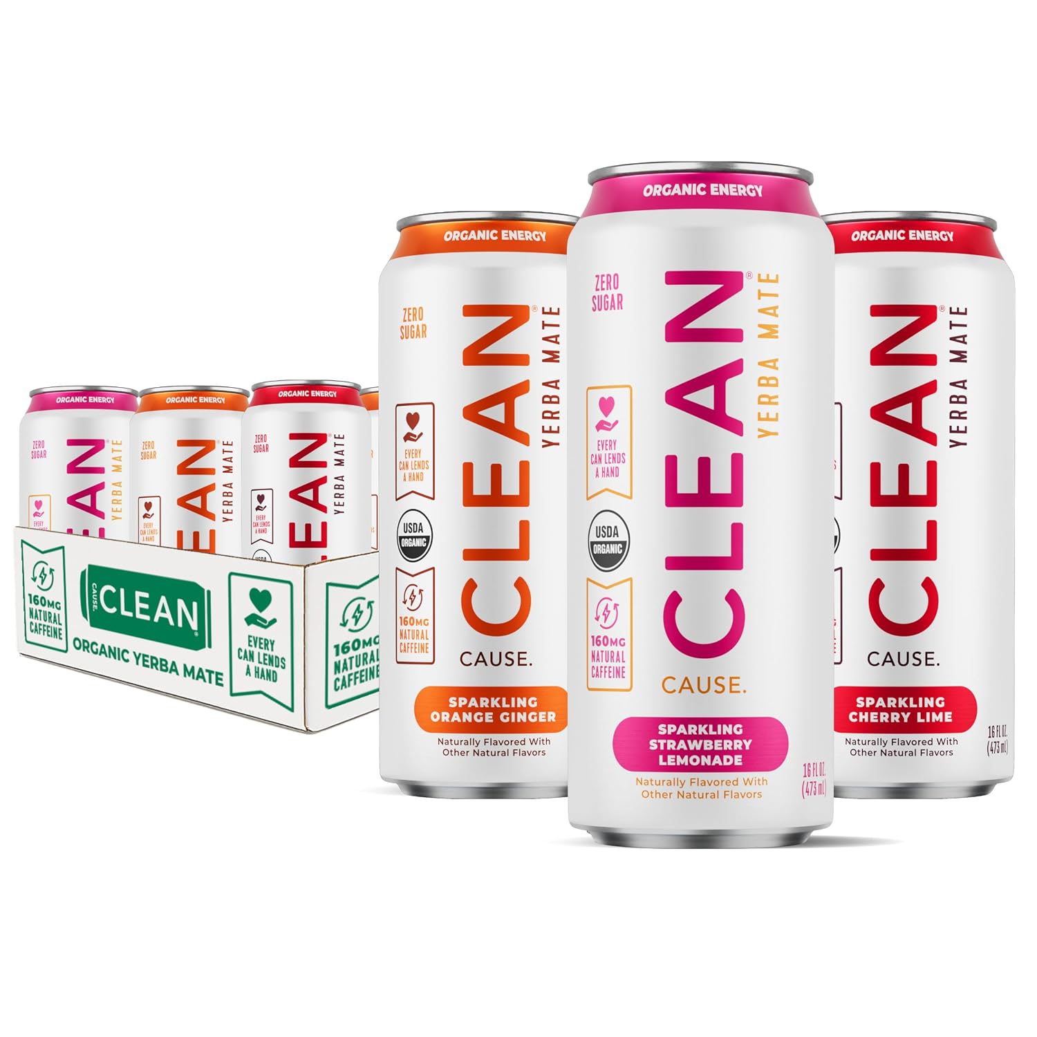 CLEAN Cause Zero Sugar Yerba Mate Organic Energy Orange Ginger, 12Pack 16oz