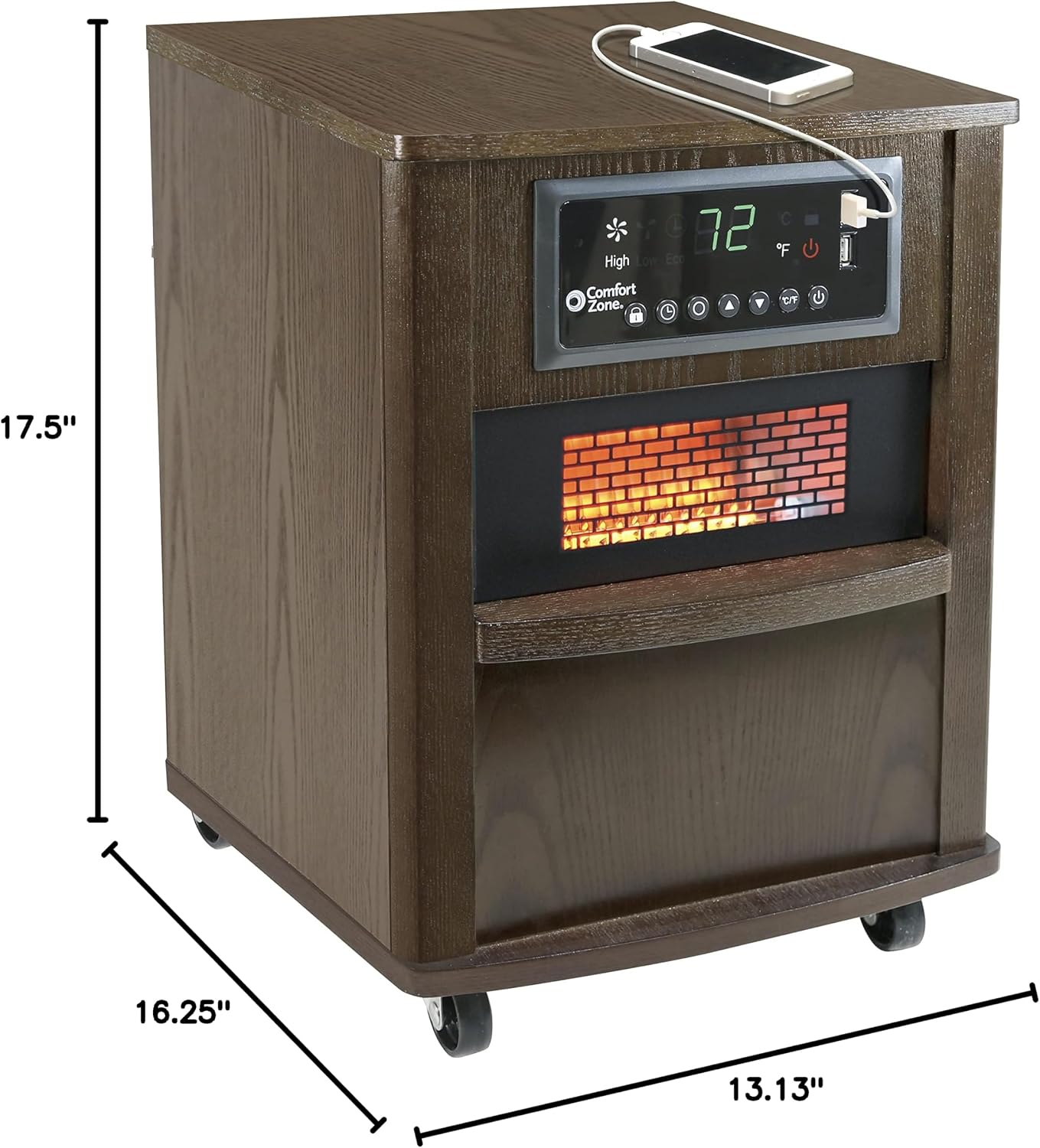 Comfort Zone Indoor Space Heater, 20 inch, 1,500 watt, Cabinet Heater with Remote, Infrared, Quartz, USB Charging Ports, Timer, Tip Over Switch & Overheat Protection, Ideal for Home & Office, CZ2062W
