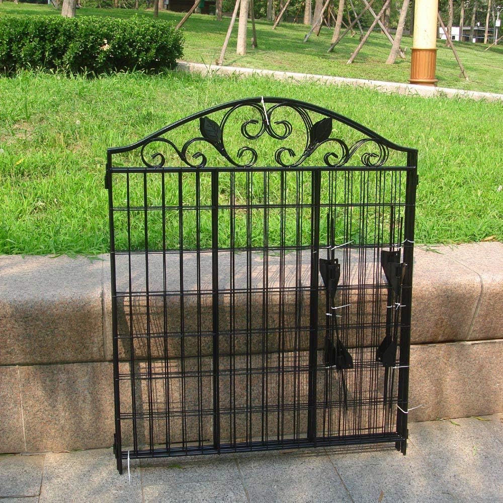 4 Pack 44" H 36" W (Linear Length 12 feet) Black Coated Heavy Duty Steel Decorative Garden Fence Each Panel with 2 Leaves