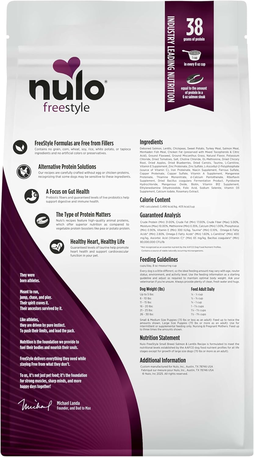 Nulo FreeStyle Small Breed Dog Food Dry - Salmon & Lentils, Puppy & Adult Grain Free Dog Food, Natural, High Protein