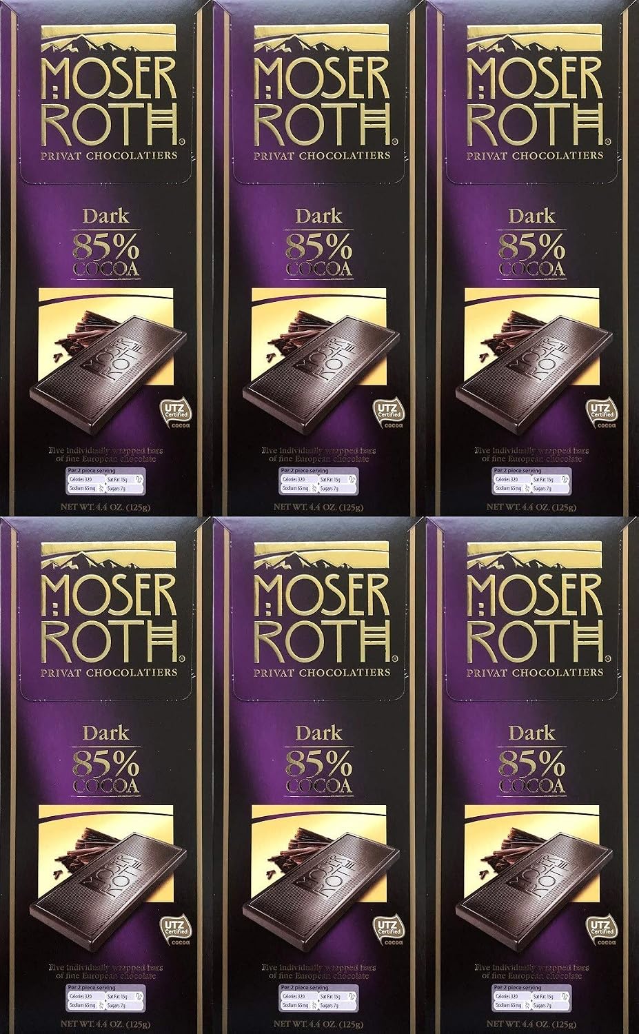 Boxed 6 Pack ~ 85% Cocoa Dark Chocolate ~ Moser Roth Fine German Chocolate Bar (s) ~ With Bonus Sample!