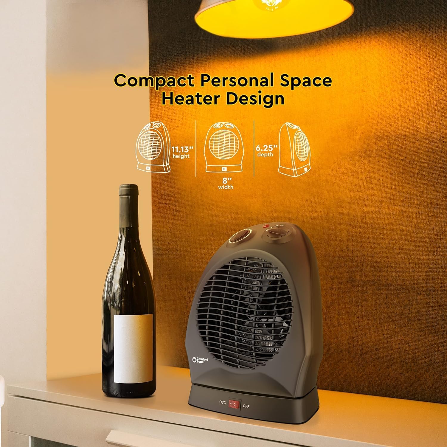Comfort Zone CZ50 750/1500-Watt Fan-Forced Oscillating Electric Portable Heater with Adjustable Thermostat, Built-in Overheat Sensor, Safety Tip-Over Switch, and Heat Resistant Housing, White