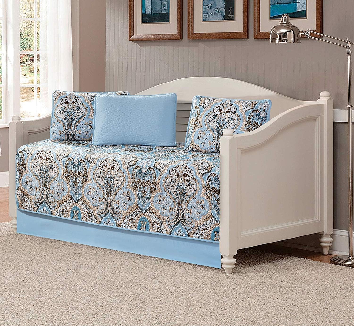 Luxury Home Collection 3 Piece Full/Queen Quilted Reversible Coverlet Bedspread Set Floral Printed Blue Taupe
