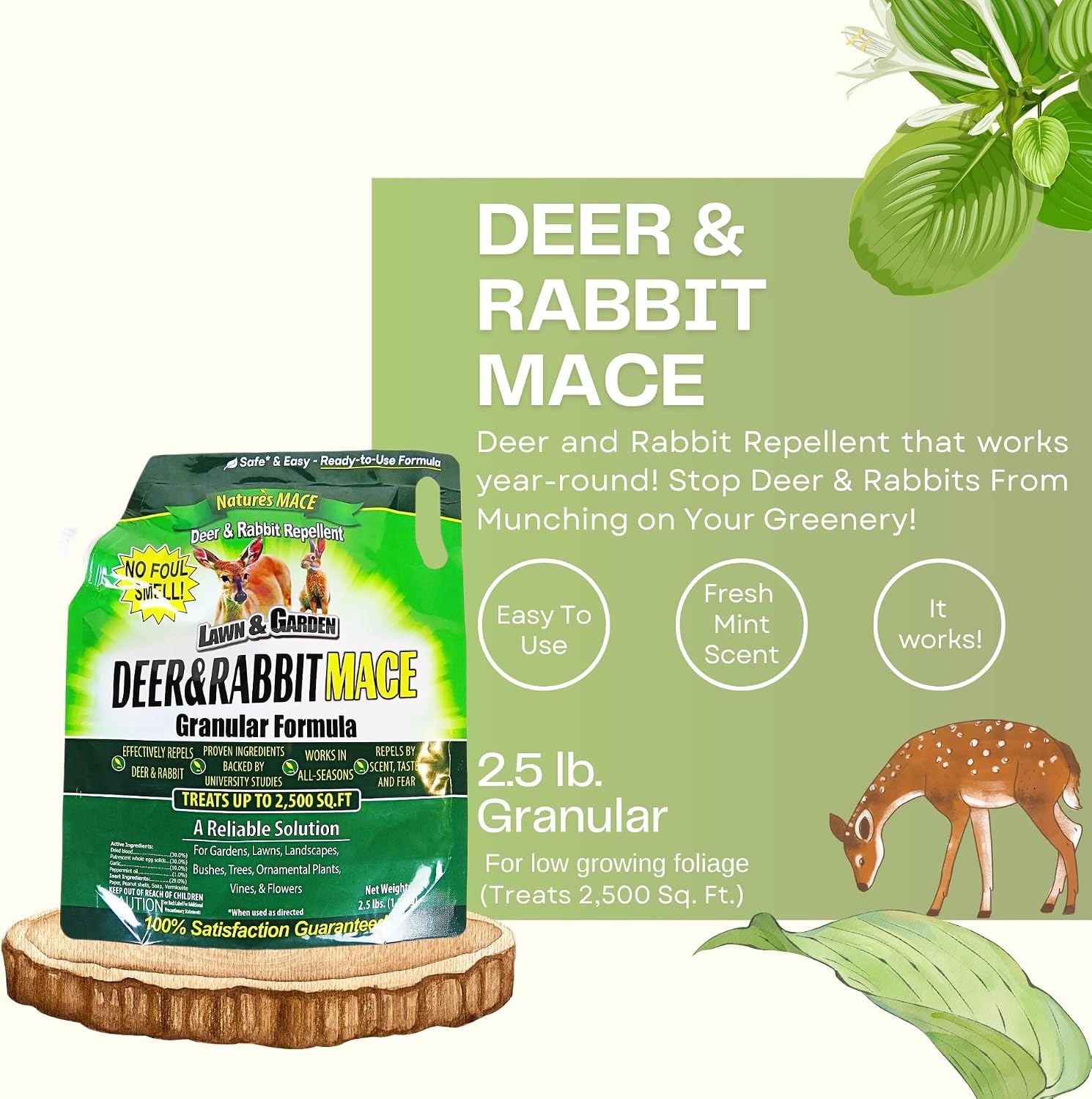 Nature's MACE Deer & Rabbit Repellent 25 lb Granules | Covers 25,000 Sq Ft, Repel Deer from Your Home & Garden, Deterrent, Safe to use Around Children, Plants, Produce.
