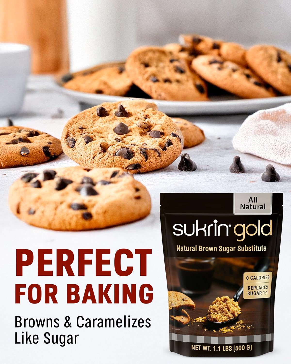 SUKRIN GOLD 100% Natural Sugar Free Brown Sugar Substitute with Erythritol & Stevia Brown Sugar Zero Calorie Sweetener, Granulated Gluten Free Non-GMO Kosher Blood Sugar Vegan Keto Friendly, 1.1LB Bag