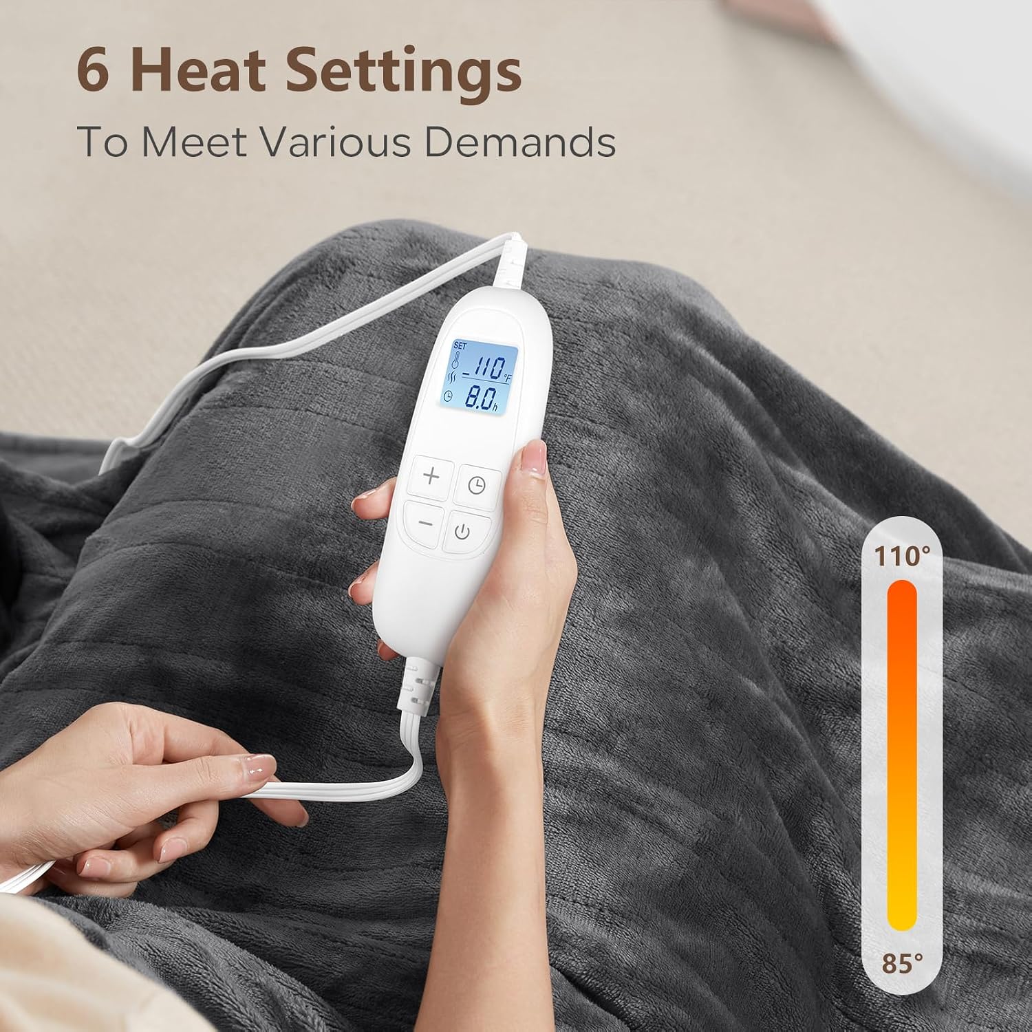 PROALLER Electric Heated Blanket Queen Size with 6 Levels & 8h Auto Off, Ultra Soft Flannel Full Body Heating Blanket, Machine Washable, Warm Gray, 84" x 90"