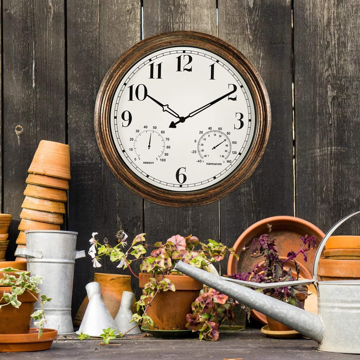 16 Inch Large Outdoor Wall Clock, Waterproof Vintage Non-Ticking Clock with Thermometer and Hygrometer Combo