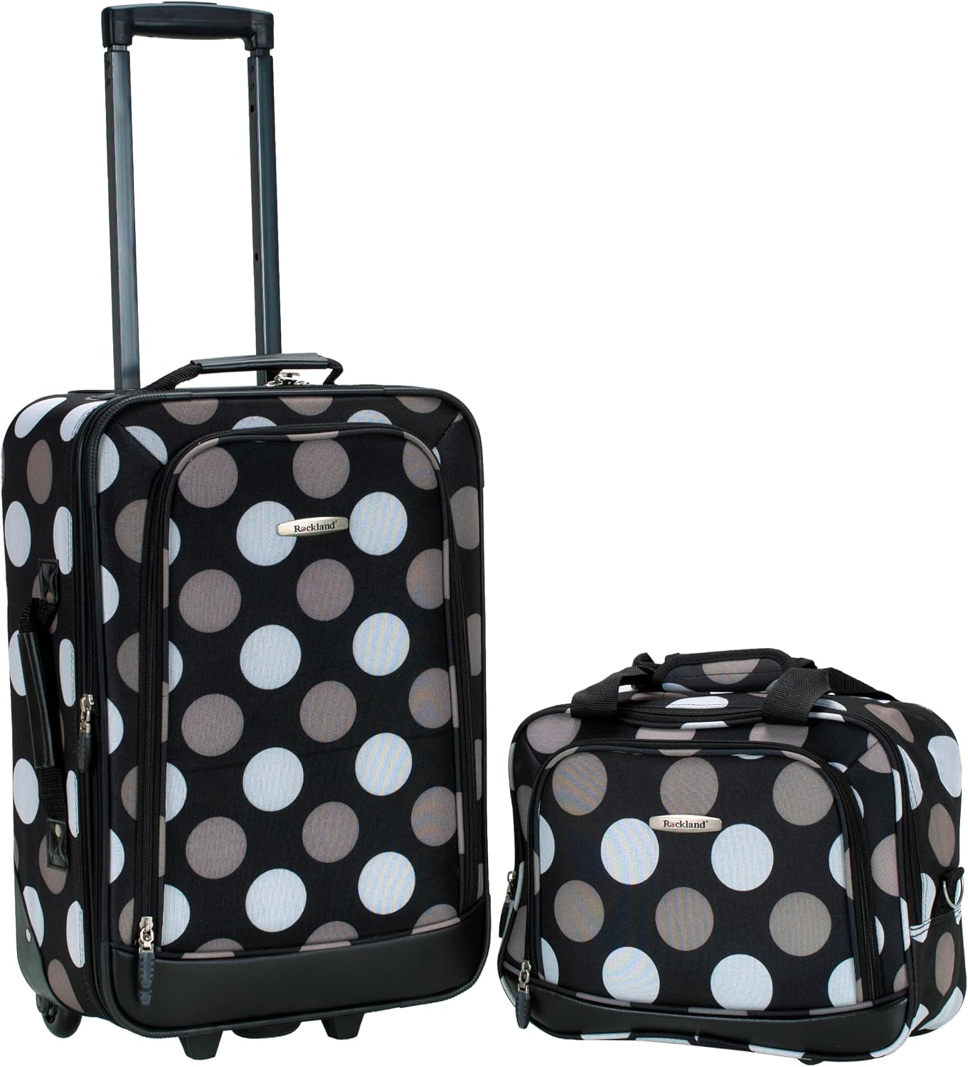 Rockland Fashion Softside Upright Luggage Set,Expandable, Telescopic Handle, Wheel, Black Dot, 2-Piece (14/19)