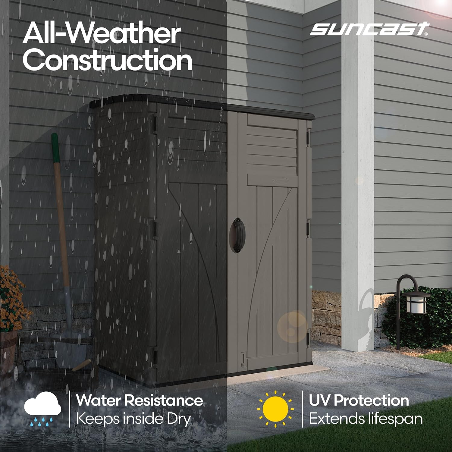 Suncast Outdoor Storage Shed, Water Resistant Resin Vertical Outdoor Storage Cabinet for Patio, Garden Tools, Cushions, & Equipment, Weatherproof Multi-Wall Design, 54 cu. ft., Made in USA