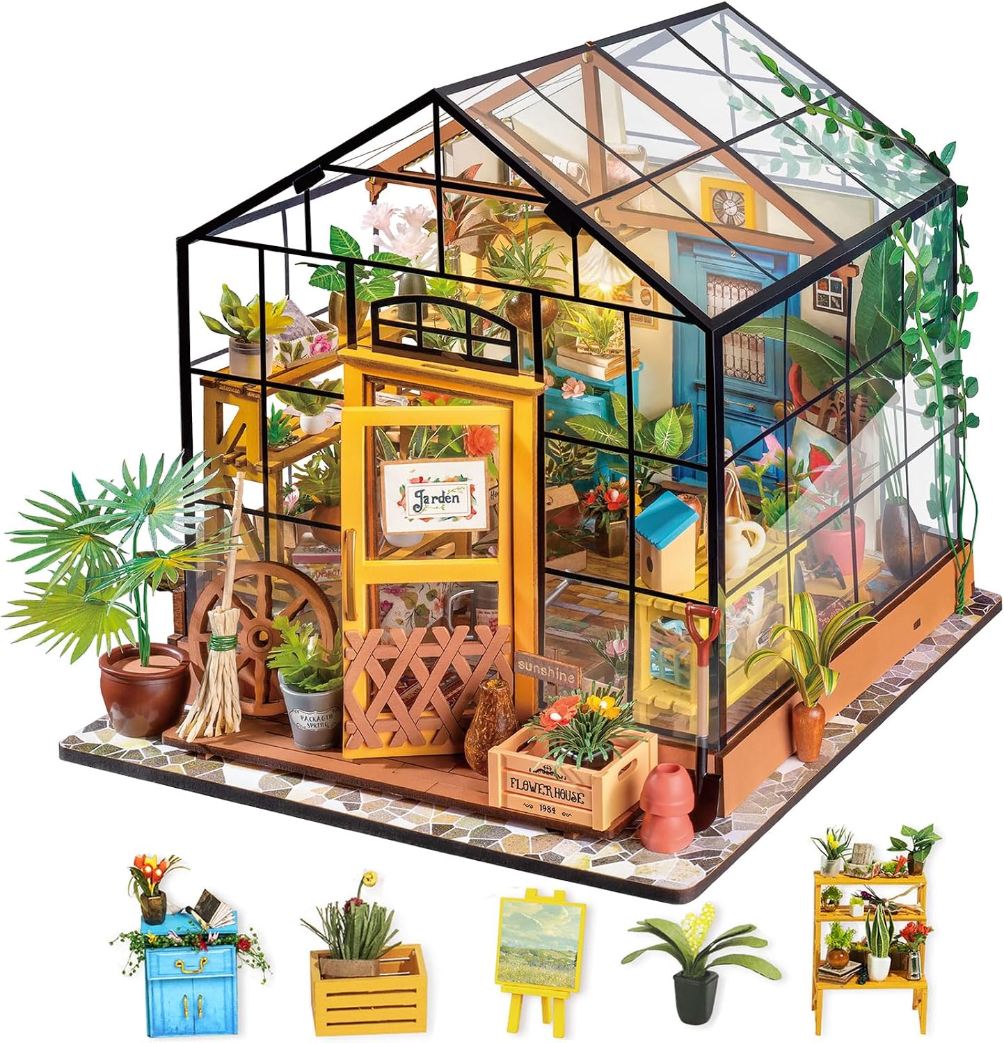 Rolife Greenhouse DIY Miniature Dollhouse Kit Creative Gift for Adults | 1:18 Scale Cathy's Flower House with LED Light, Wooden 3D Puzzle Model Kit