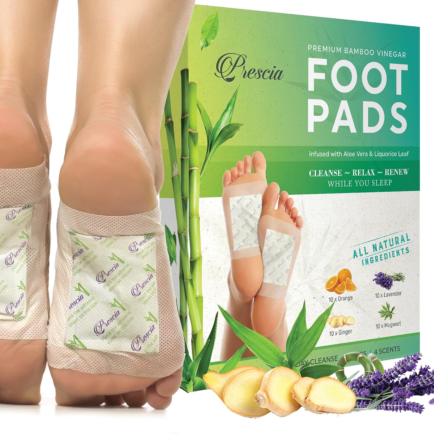 Prescia Foot Pads, Ginger Herbal Variety, Bamboo Vinegar, Nightly Foot Care
