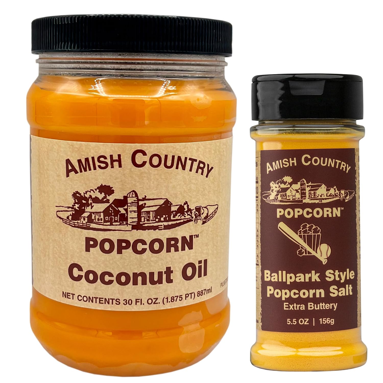 Amish Country Popcorn | Oil and Seasoning Variety Pack | Coconut Oil - 30 oz and Ballpark ButterSalt Popcorn Salt - 5.5 oz | Old Fashioned