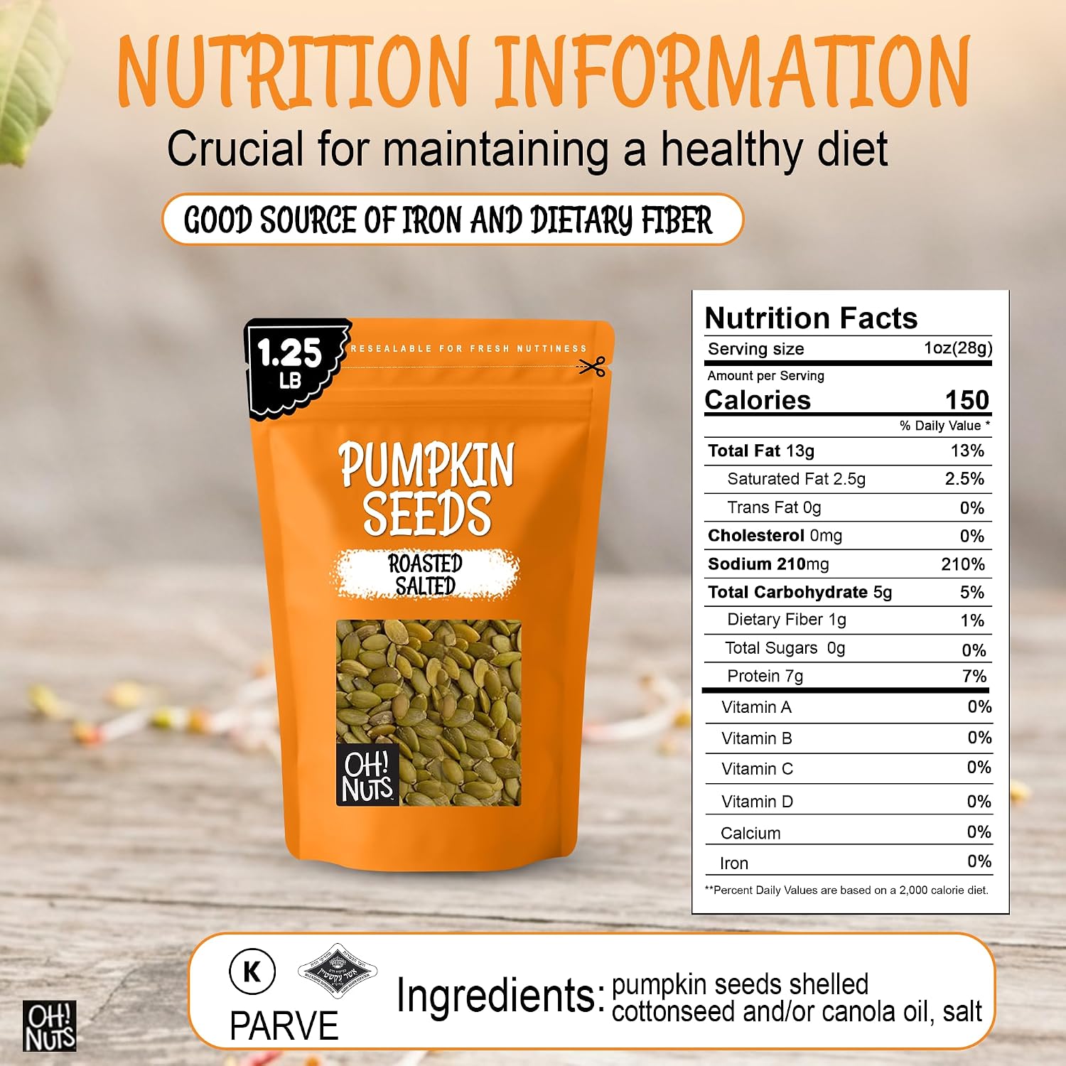 Oh! Nuts Roasted Pumpkin Seeds Salted Pepitas No Shell 2 Pound | Roasted salted pumpkin seeds no shell - Premium pepitas packed in NY - Resealable zip bag for freshness