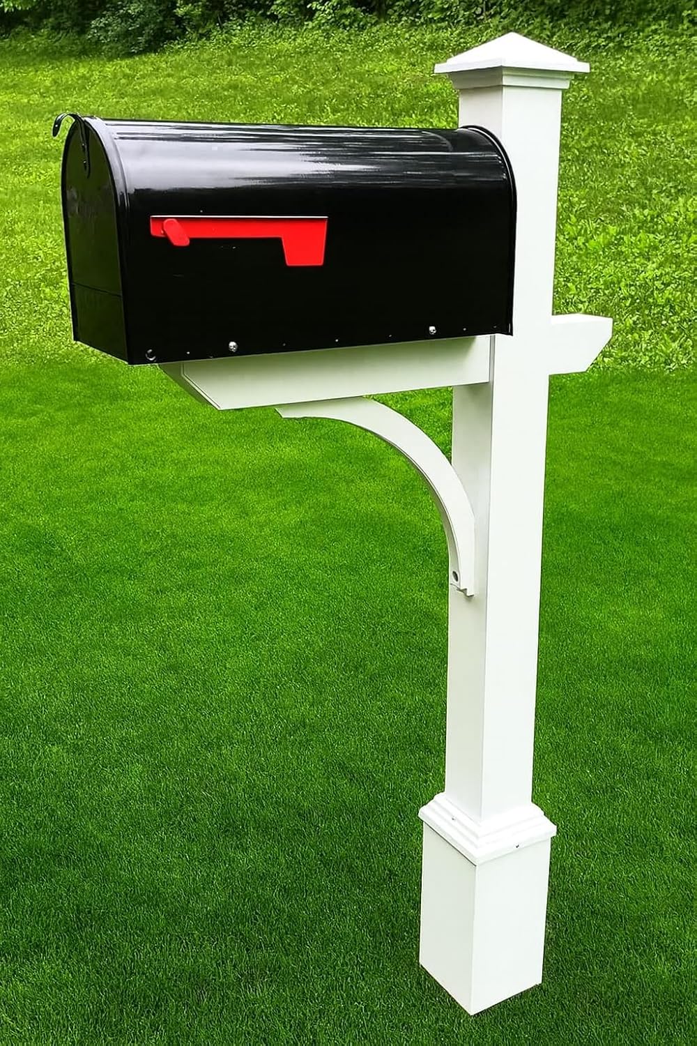 Argonne White Post & Black Mailbox (Large) | Personal curbside mailbox system features a large black aluminum mailbox, sturdy white square post, and custom house numbers.