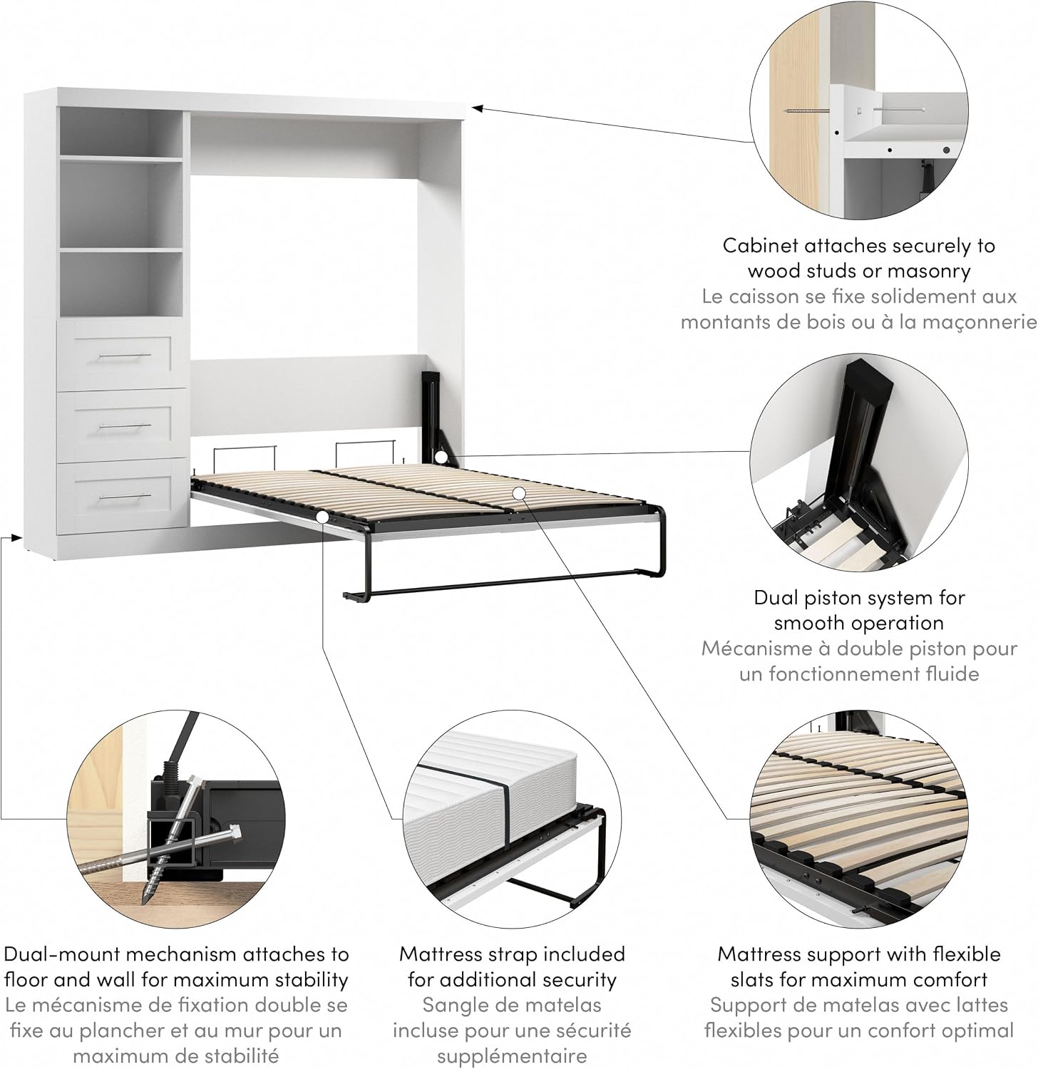 Bestar Pur Full Murphy Bed and Storage Unit with Drawers, 84-inch Space-Saving Wall Bed with Storage in White | Storage Unit with Drawers