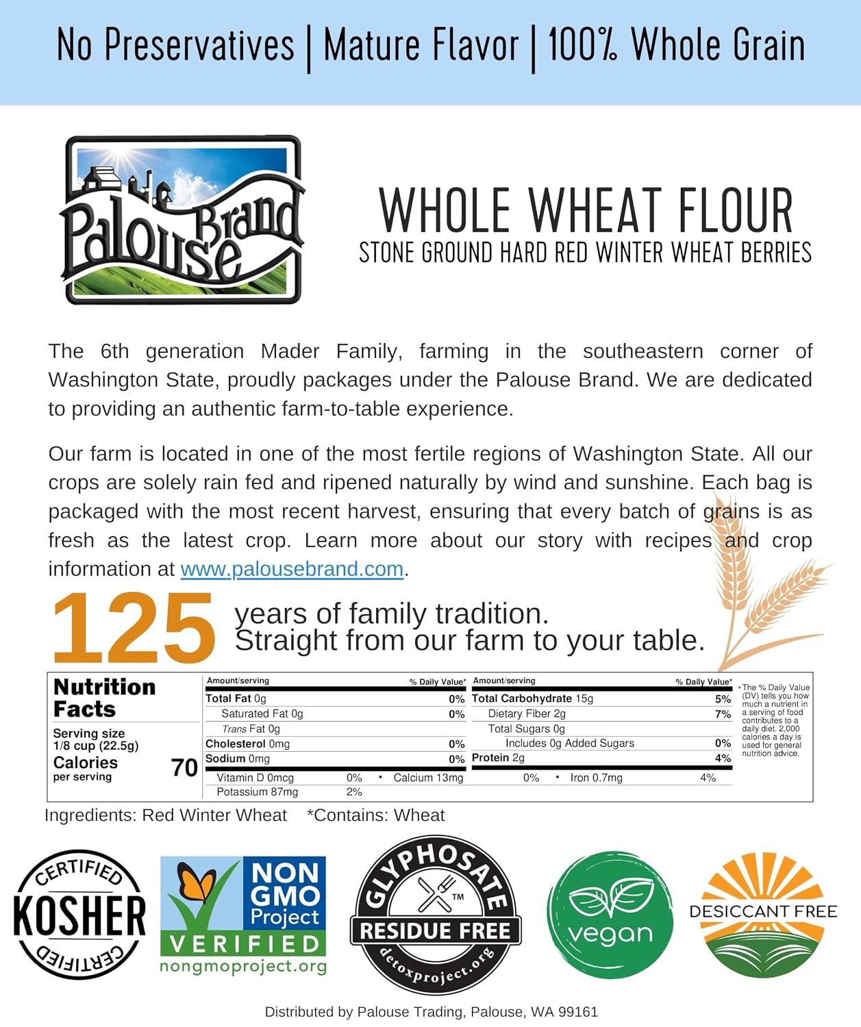 Palouse Brand Certified Glyphosate Residue Free Whole Wheat Flour | 9 LBS | Non-GMO | Unbleached | Stone Ground | Certified Kosher Parve | USA Grown