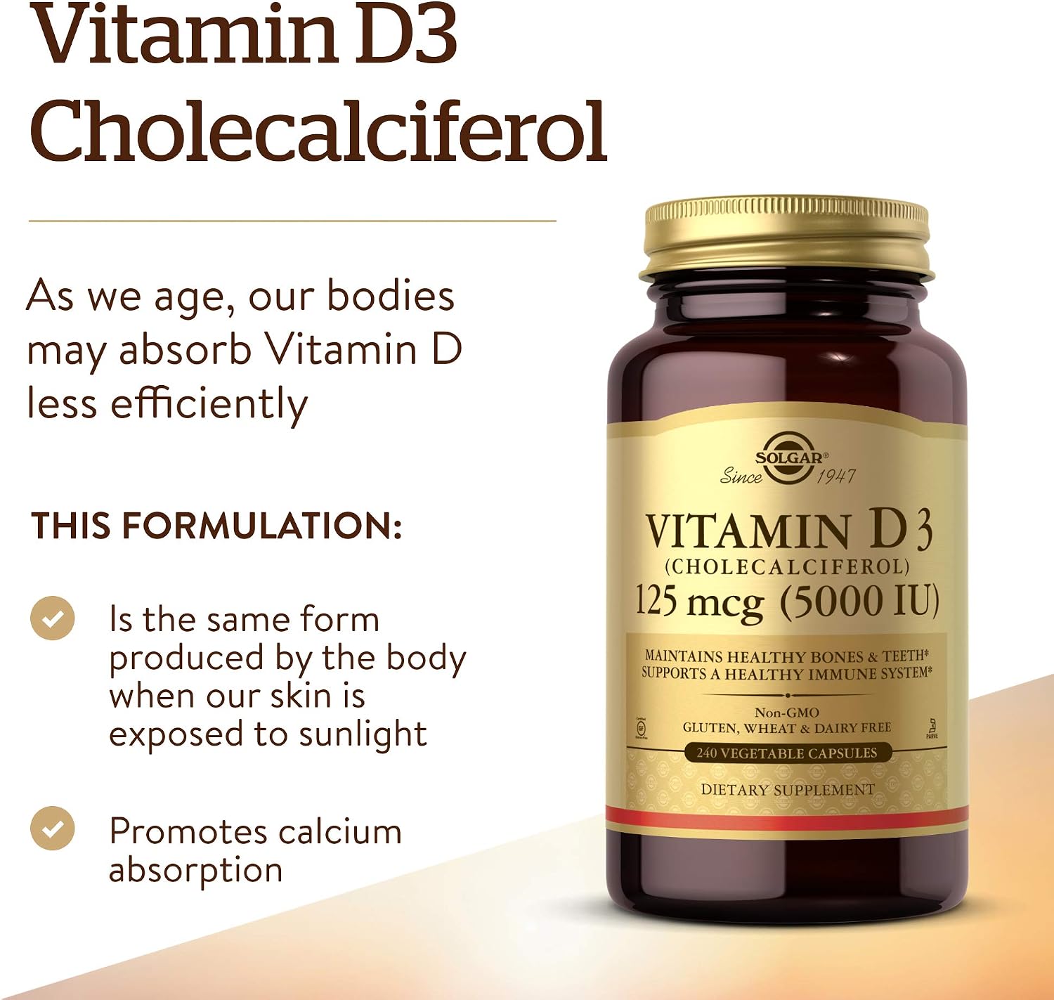 Solgar Vitamin D3 (Cholecalciferol) 125 Mcg (5000 IU), 120 Vegetable Capsules - Helps Maintain Healthy Bones & Teeth - Immune System Support - Non-GMO, Gluten Free, Dairy Free, Kosher - 120 Servings | Helps Maintain Healthy Bones & Teeth, Immune System S…