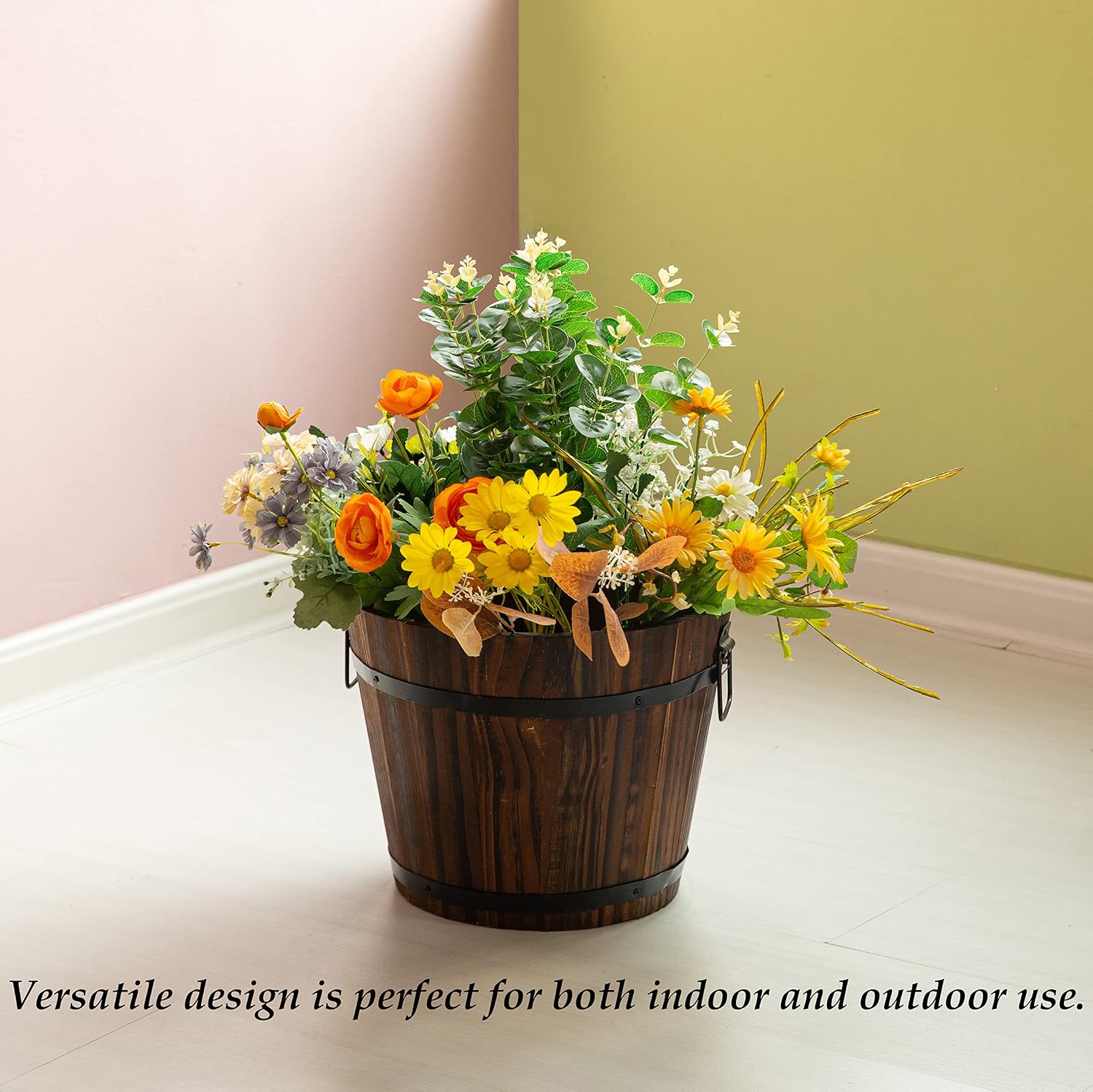 Rustic Wooden Whiskey Barrel Planter with Durable Medal Handles and Drainage Hole - Perfect for Indoor and Outdoor Plants, Herbs, and Vegetables - Medium