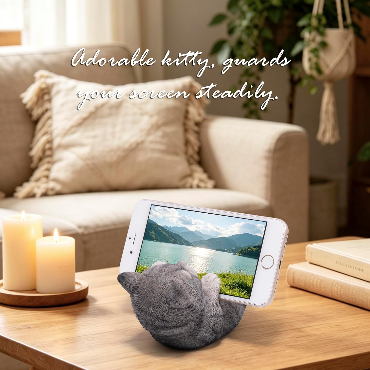 Hodao Cute Cat Phone Stand, Gray Kitten Cell Phone Holder for Desk, Resin Animal Figurine Stand for iPhone and Samsung, Vertical or Horizontal Viewing