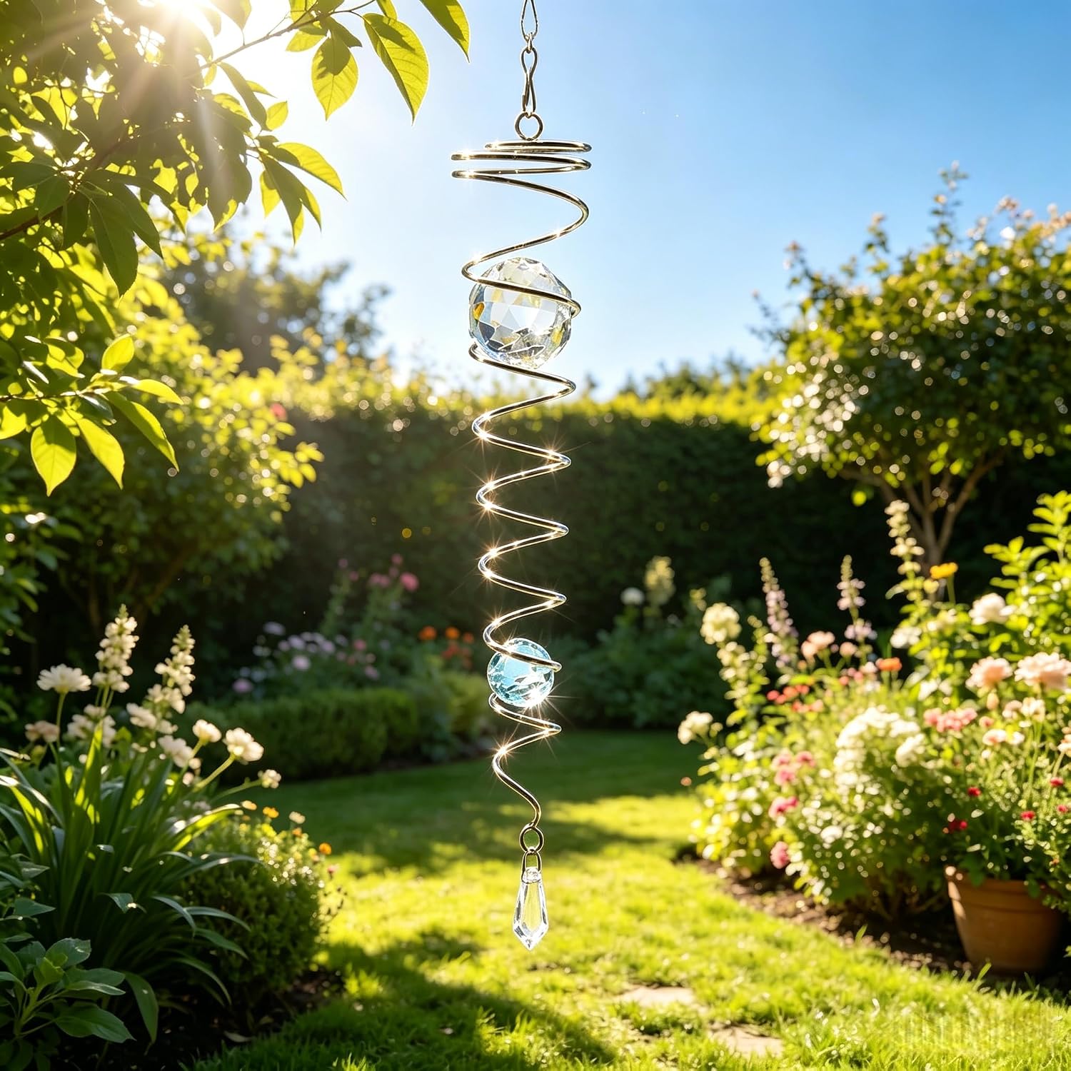 Gazing Ball Spiral Tail Wind Spinner Stabilizer，Stress Ball Indoor Outdoor Decoration Stainless Steel Glass Ball with Hanging Swivel Hook 13"