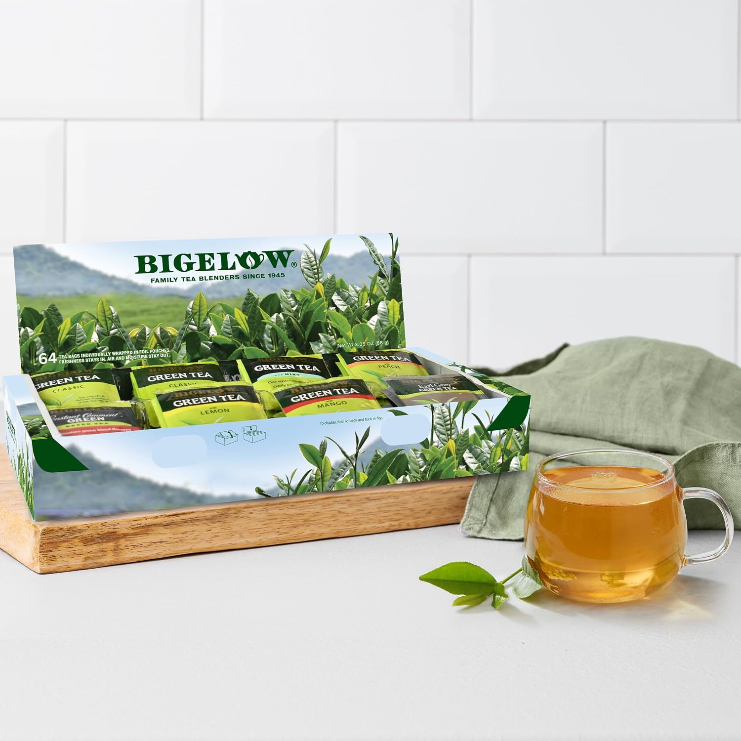 Bigelow Tea Green Tea Assortment, 64 Count (Pack of 1) | Individually Wrapped Tea Bags with Classic, Decaffeinated, Mint, Peach, Constant Comment, Lemon, Mango, and Earl Grey Teas