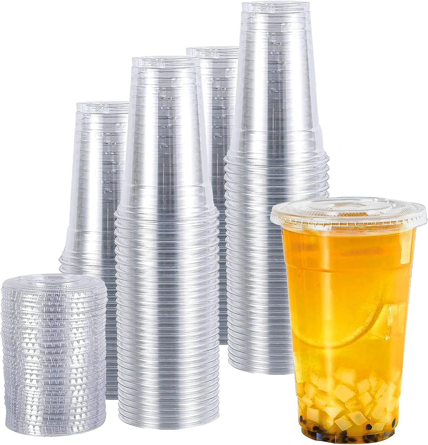 TashiBox Plastic Cups with Flat Lids 100 Sets 16 oz, Clear Crystal drink cups with lids