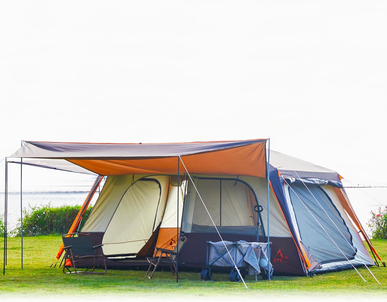 KTT Extra Large Tent 12-14 Person, Family Cabin Tents, 2 Rooms, Straight Wall, 2 Doors 4 Windows with Mesh, Waterproof, Double Layer