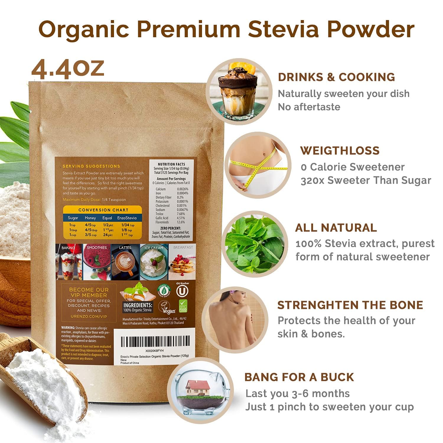 Enzo Organic Stevia Powder 125g (4.4oz / 3125-Servings) - Premium USDA Certified All Natural Alternative-Sweetener 320x Sugar Free Non-GMO 0