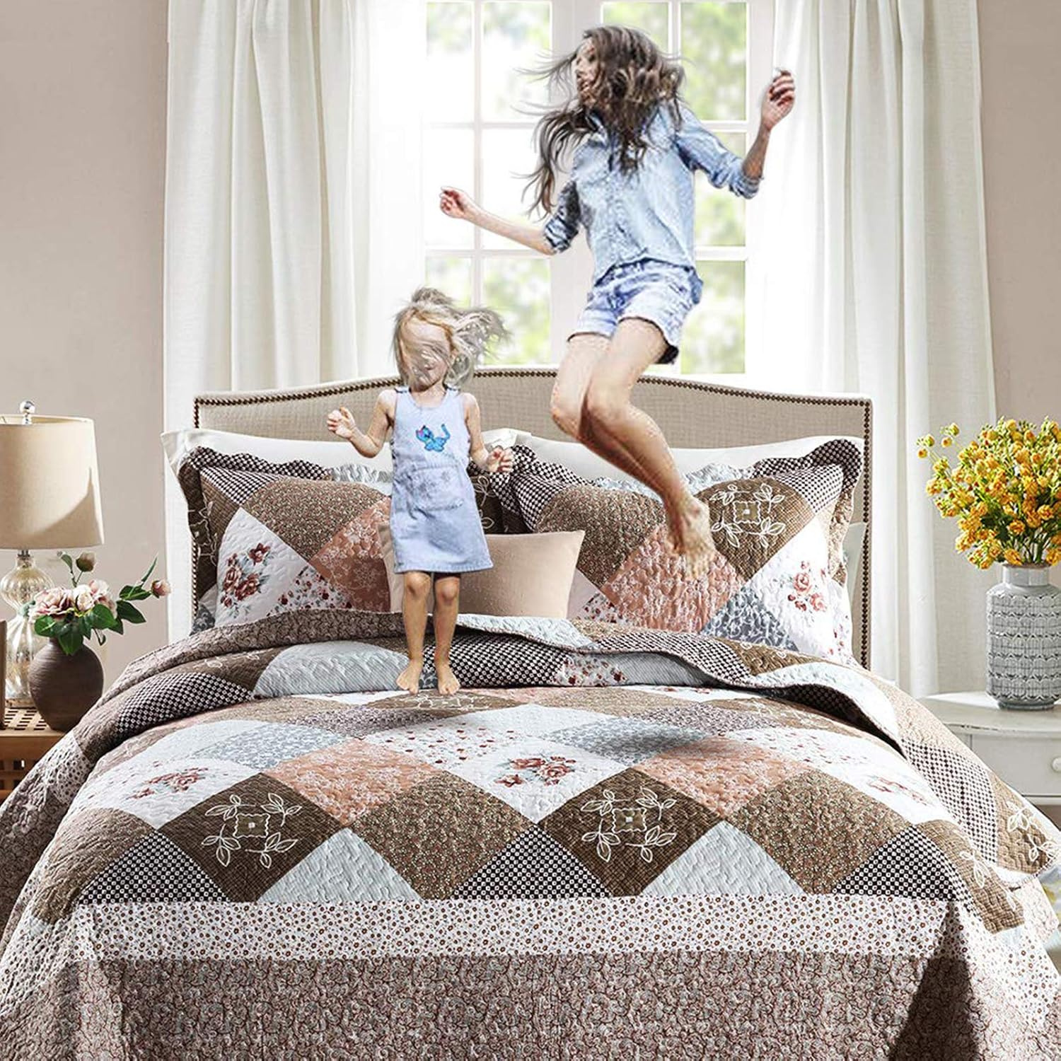 Striped Classical Cotton 3-Piece Patchwork Bedspread Quilt Sets, King Size